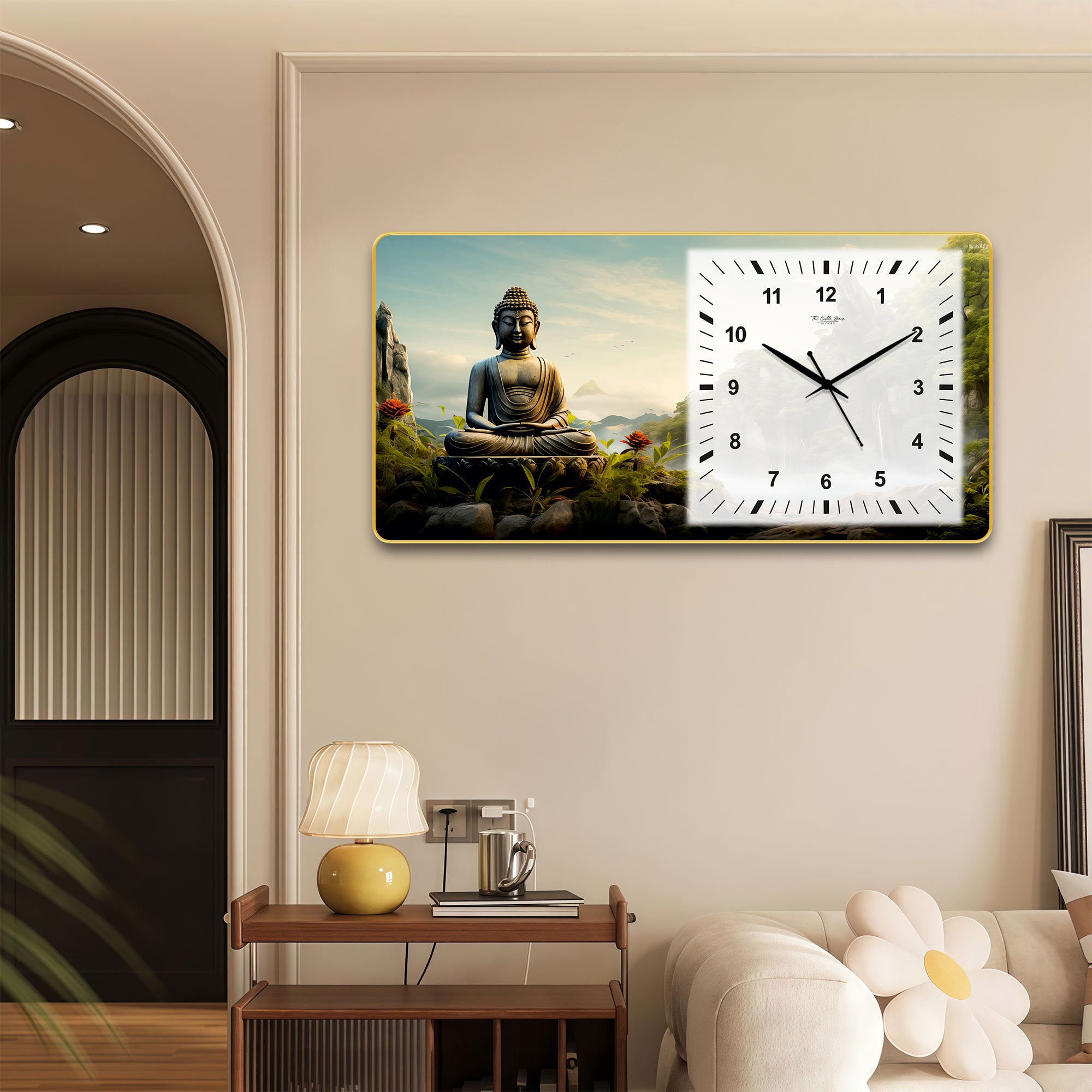 The Castle Decor Buddha Meditation Decorative Wall Clock 24x12 Inch, Silent Sweep Non-Ticking Modern Wall Clock with Golden Slim Frame