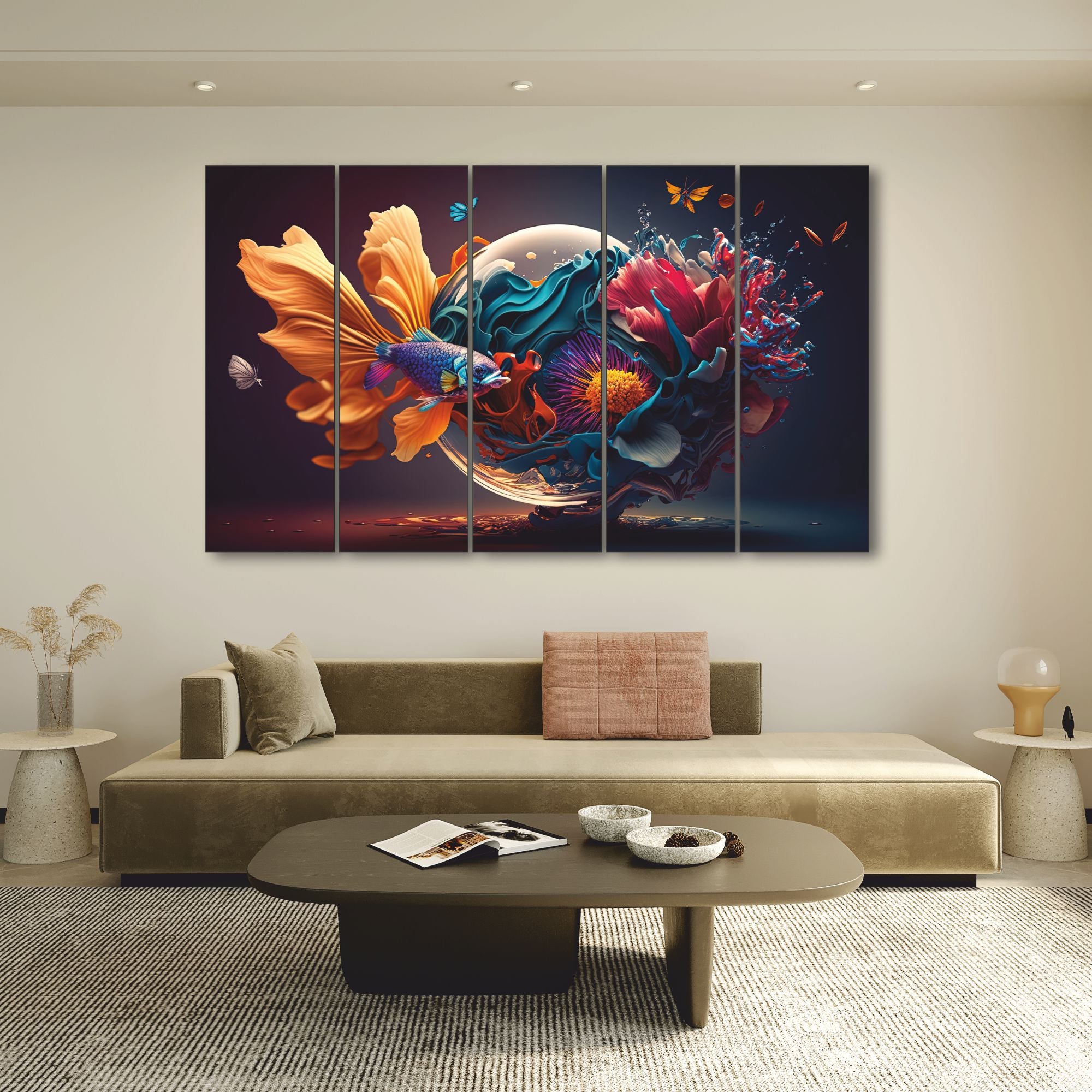 Aqua fish world Set of 5 Big Size Multiple Frames Wall Art Painting for living room,Bedroom,Drawing room,Hotels-Wooden Framed-Digital Painting