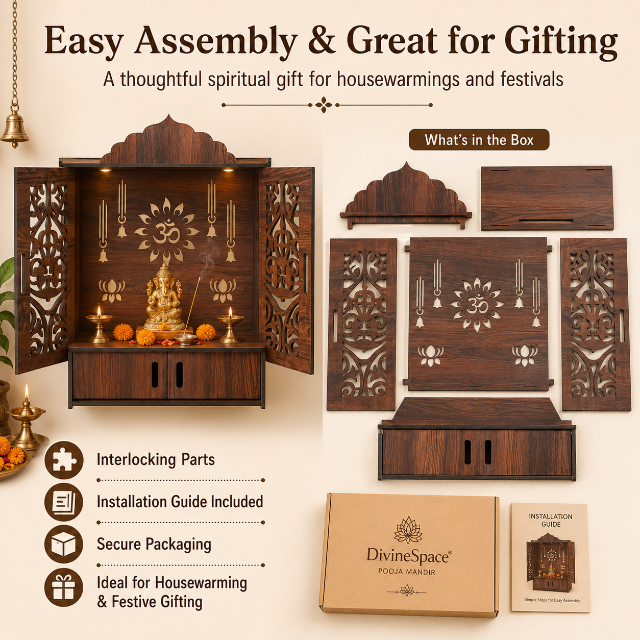 The Castle Decor Wooden Mandir for Home, Wall Hanging & Tabletop Pooja Temple with Double Doors, Om & Lotus Cutwork, Storage Cabinet, Dark Walnut MDF for Pooja Room, 16.5 x 24.5 x 10.5 Inch