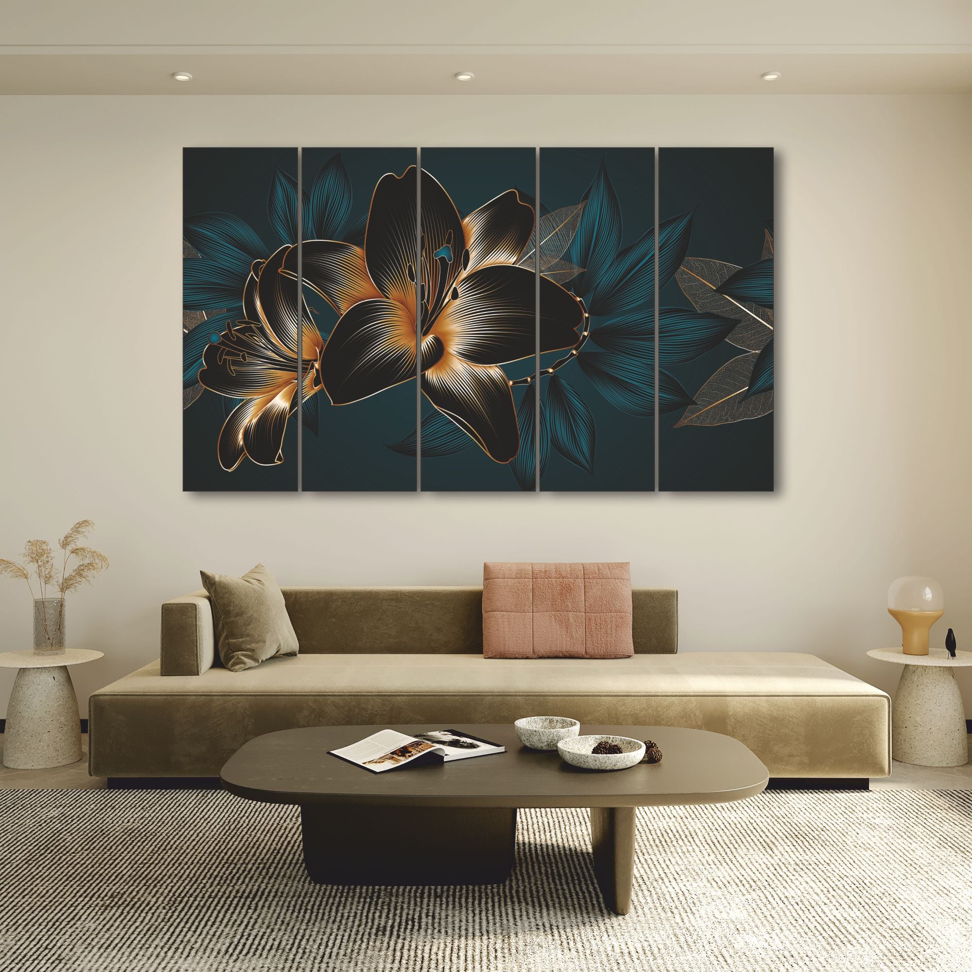 Black leaf flower Set of 5 Big Size Multiple Frames Wall Art Painting for living room,Bedroom,Drawing room,Hotels-Wooden Framed-Digital Painting