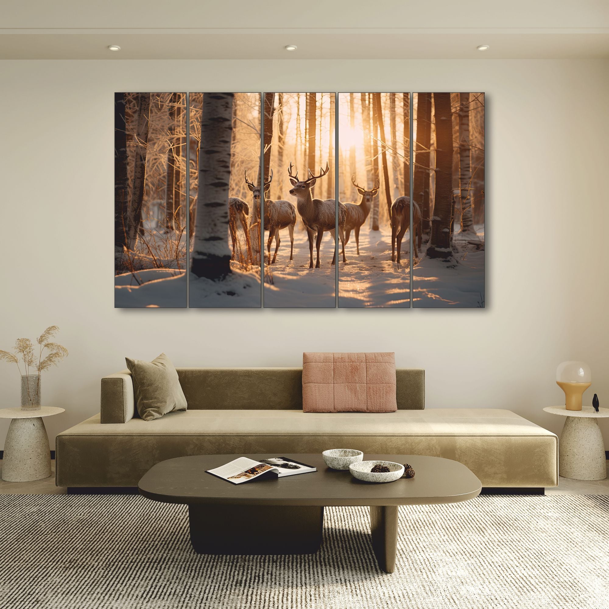 5 Reindeer Autumn Jungle Sunrise Set of 5 Big Size Multiple Frames Wall Art Painting for living room,Bedroom,Drawing room,Hotels-Wooden Framed-Digital Painting