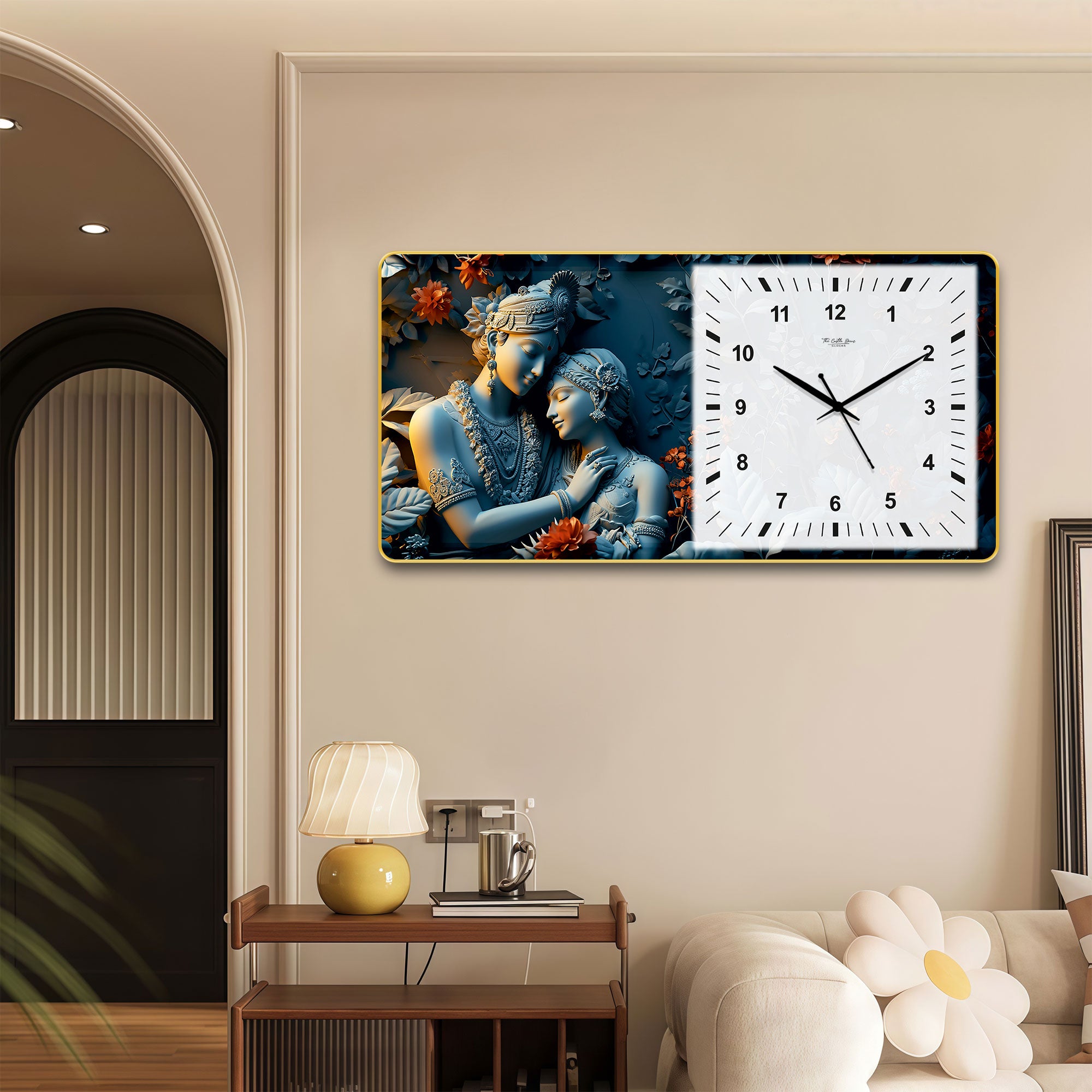 The Castle Decor Radha Krishna Decorative Wall Clock 24x12 Inch, Silent Sweep Non-Ticking Modern Wall Clock with Golden Slim Frame