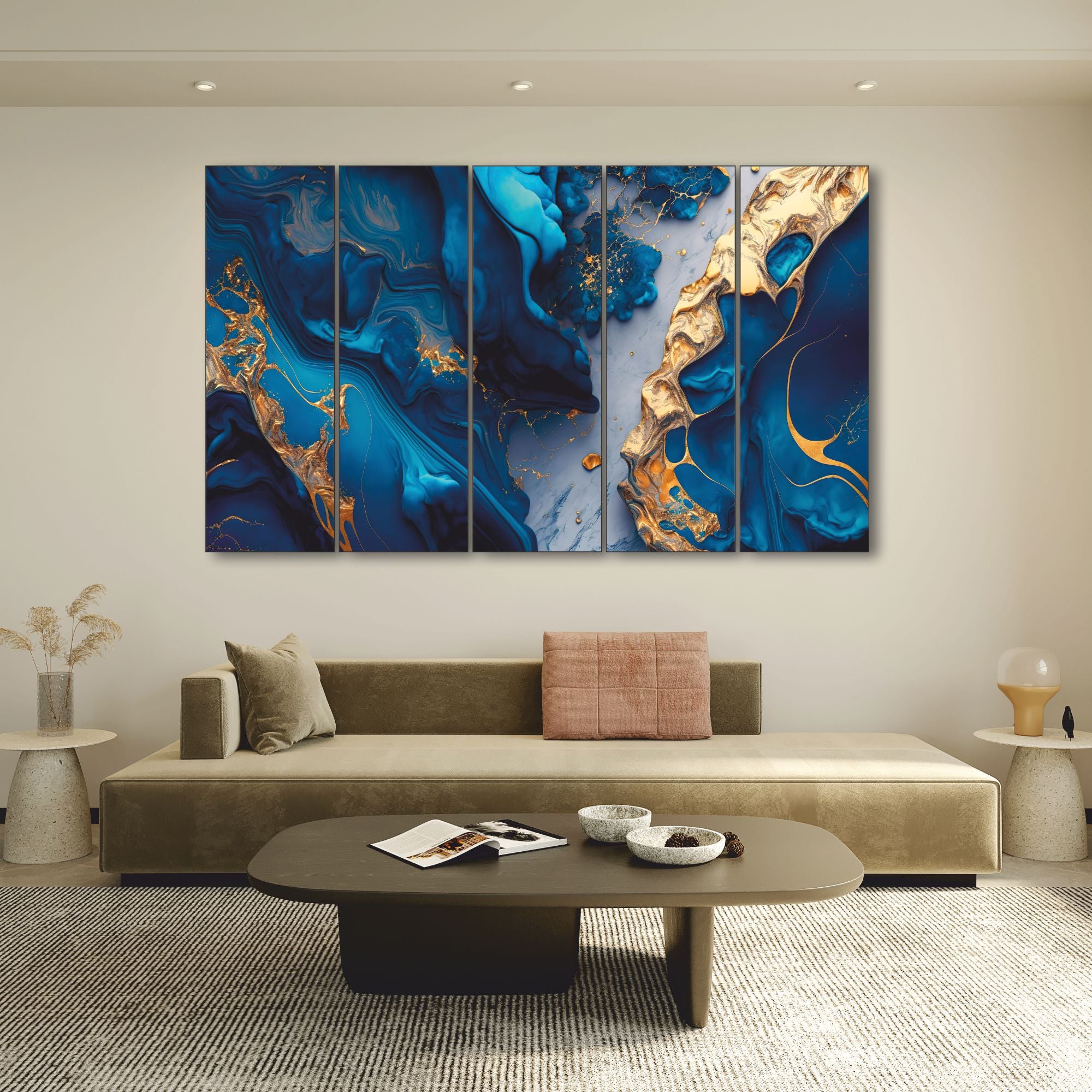 Blue Gold sparkle Set of 5 Big Size Multiple Frames Wall Art Painting for living room,Bedroom,Drawing room,Hotels-Wooden Framed-Digital Painting