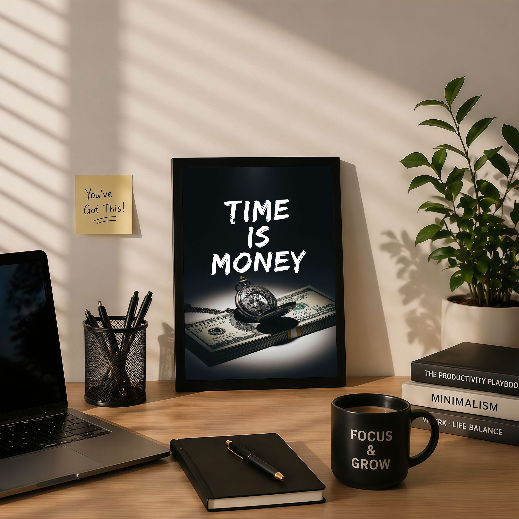 The Castle Decor Time is Money Motivational Wall Art Frame | Success Quote Poster for Office, Business, Trading Room | Premium HD Print with Sparkle Finish