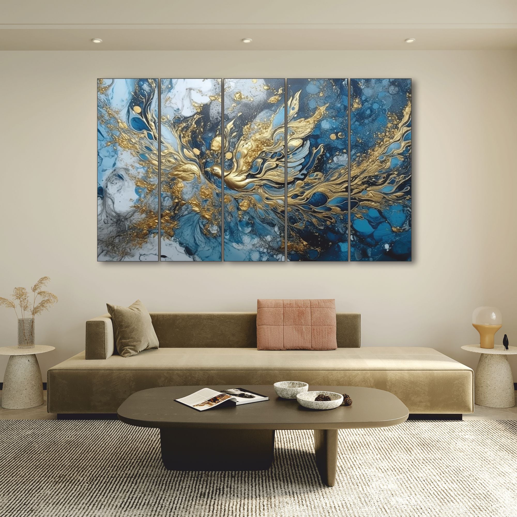 Abstract golden blue Set of 5 Big Size Multiple Frames Wall Art Painting for living room,Bedroom,Drawing room,Hotels-Wooden Framed-Digital Painting