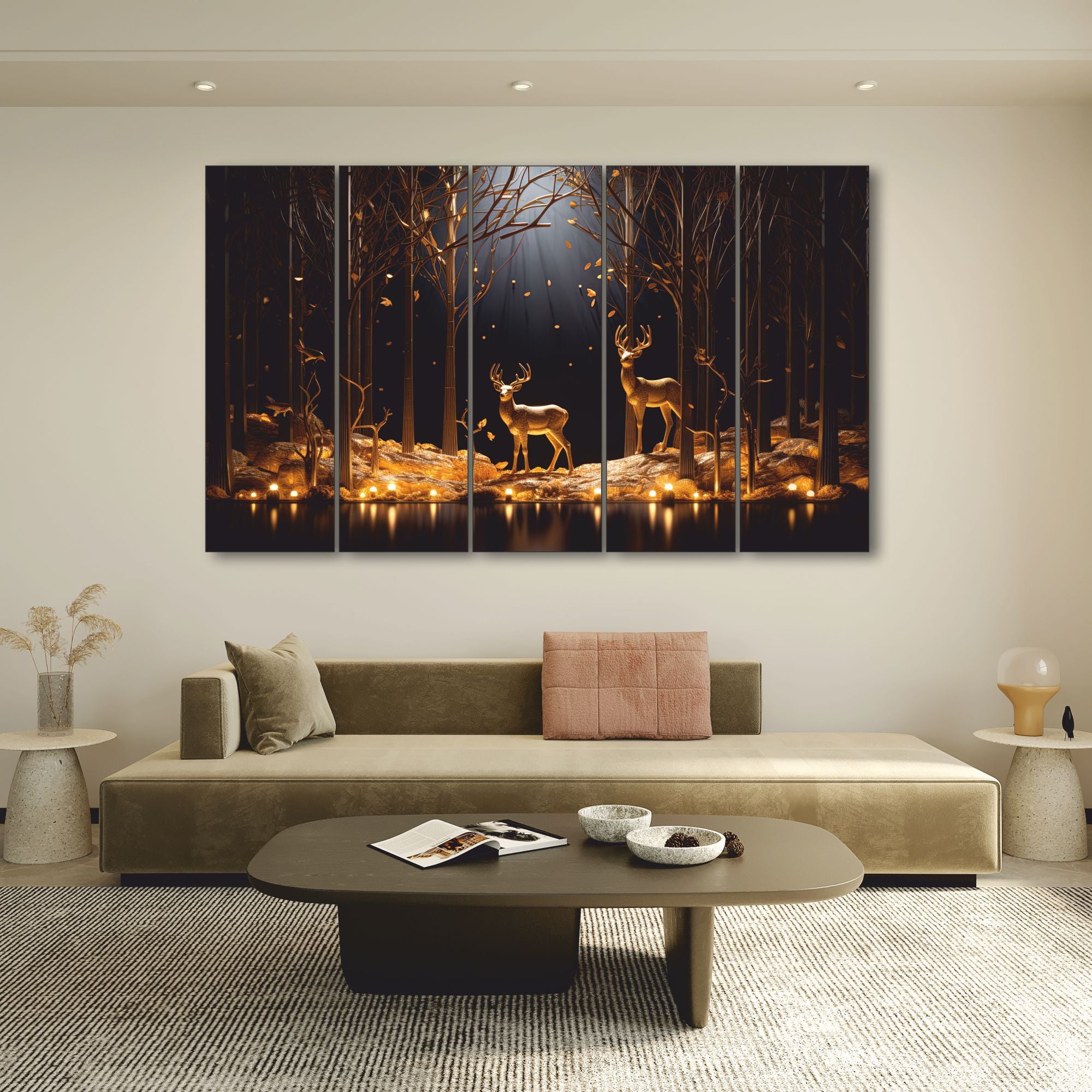 Black golden deer Set of 5 Big Size Multiple Frames Wall Art Painting for living room,Bedroom,Drawing room,Hotels-Wooden Framed-Digital Painting