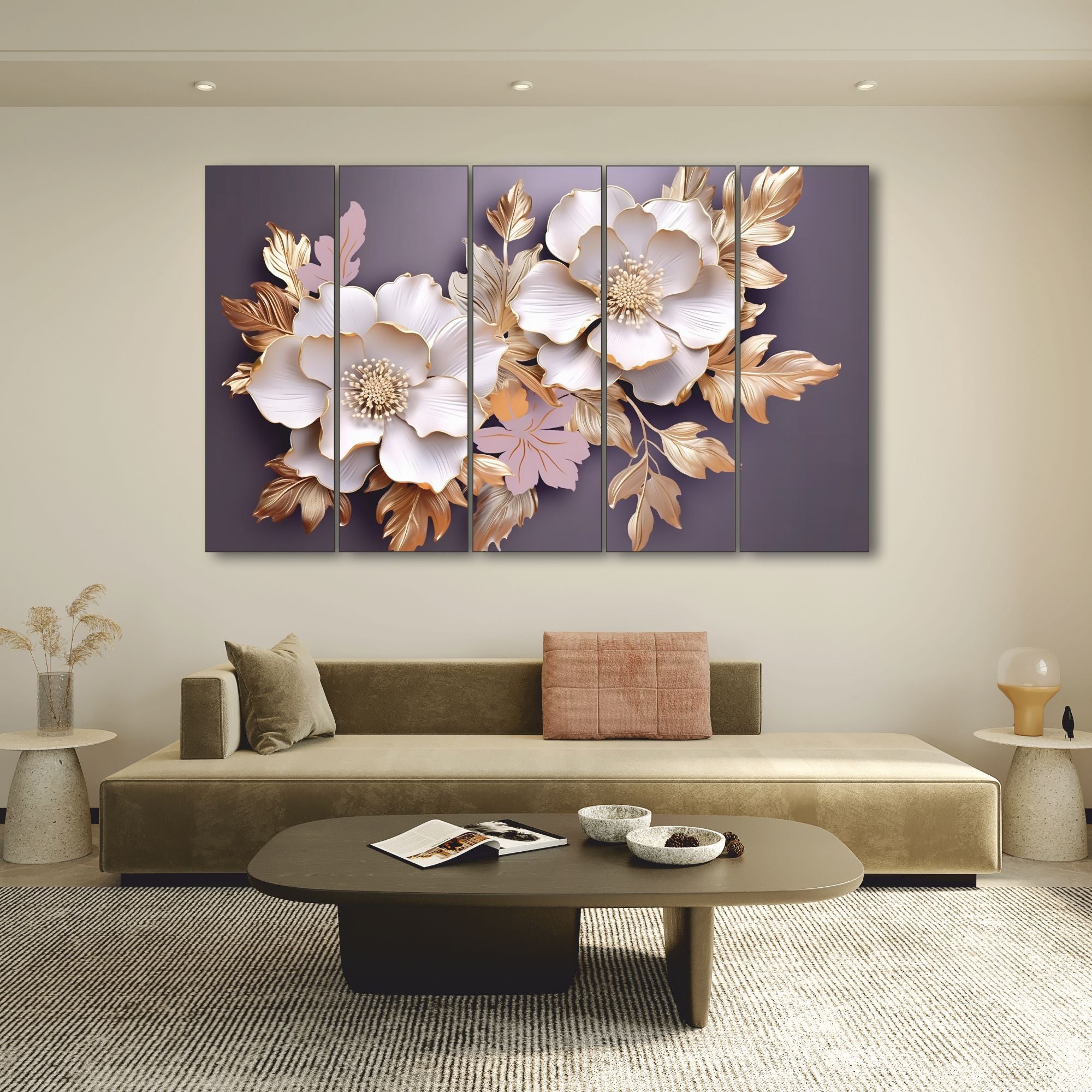 Floral Set of 5 Big Size Multiple Frames Wall Art Painting for living room,Bedroom,Drawing room,Hotels-Wooden Framed-Digital Painting