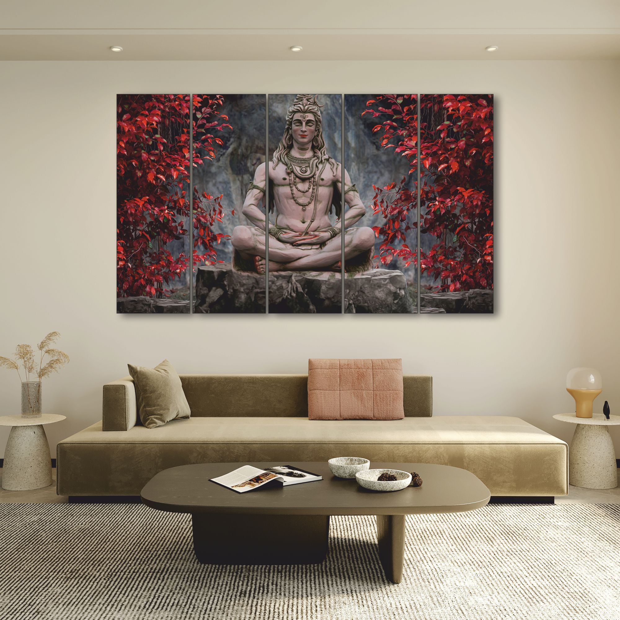 Colour Lord Shiva Meditating Set of 5 Big Size Multiple Frames Wall Art Painting for living room,Bedroom,Drawing room,Hotels-Wooden Framed-Digital Painting