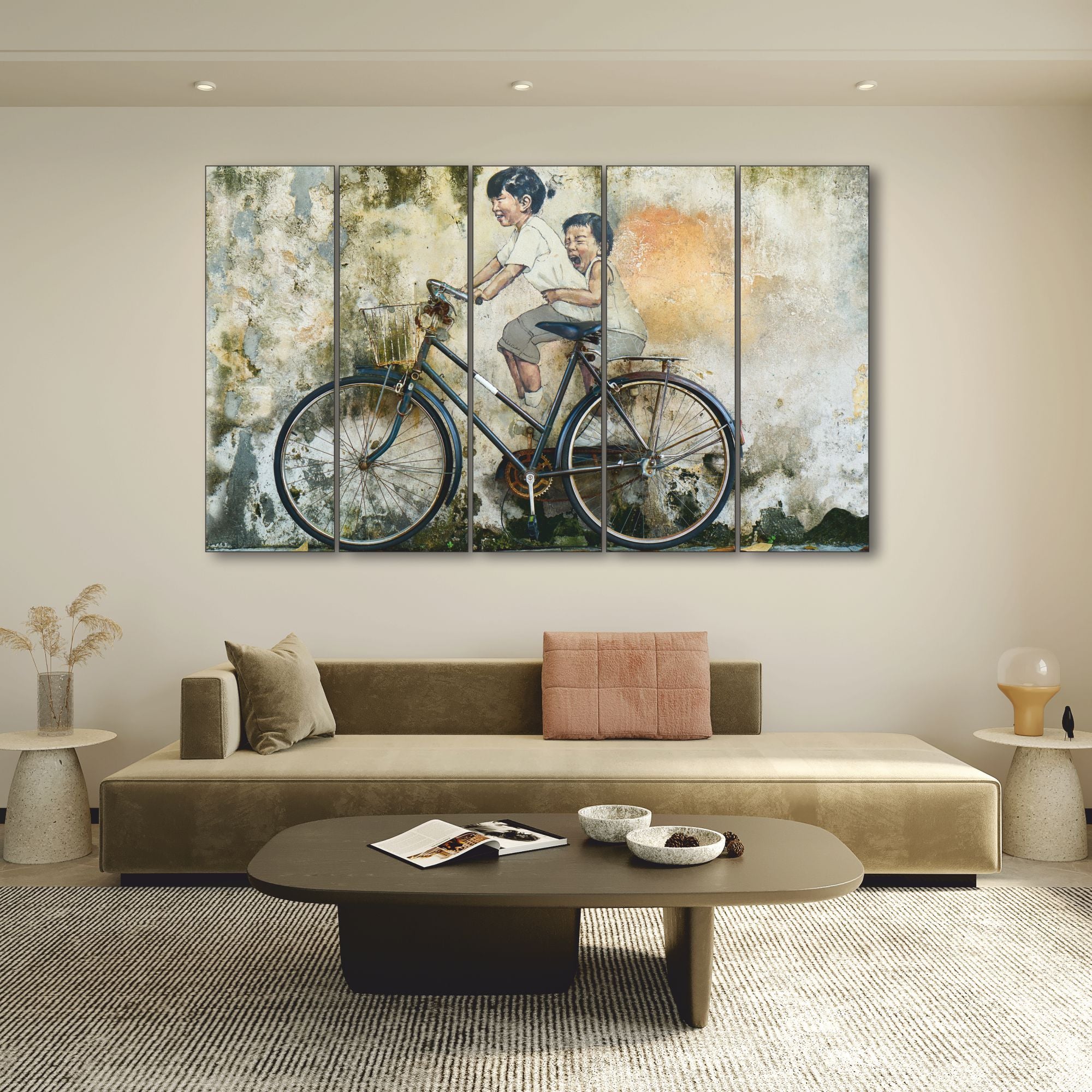 Beautiful Modern art riding bicycle Set of 5 Big Size Multiple Frames Wall Art Painting for living room,Bedroom,Drawing room,Hotels-Wooden Framed-Digital Painting