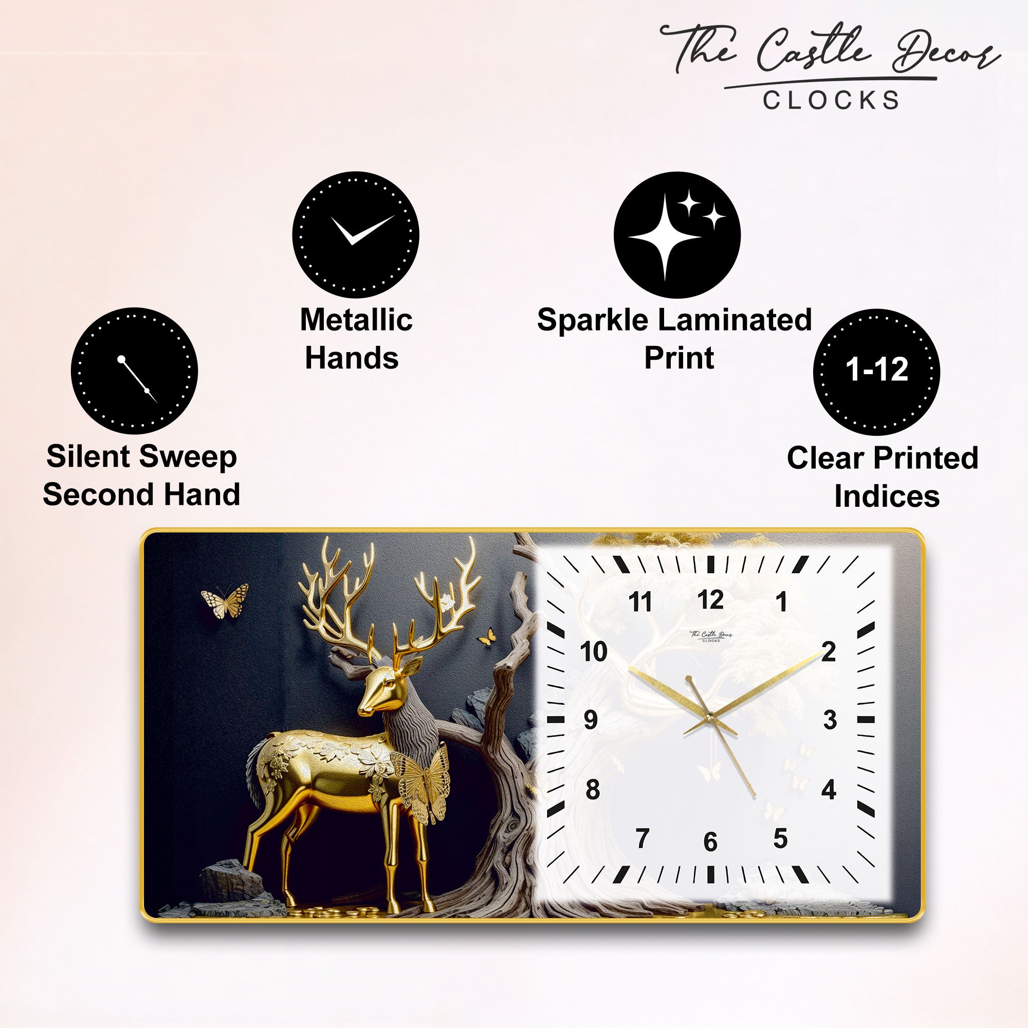 The Castle Decor Golden Deer Decorative Wall Clock 24x12 Inch, Silent Sweep Non-Ticking Modern Wall Clock with Golden Slim Frame