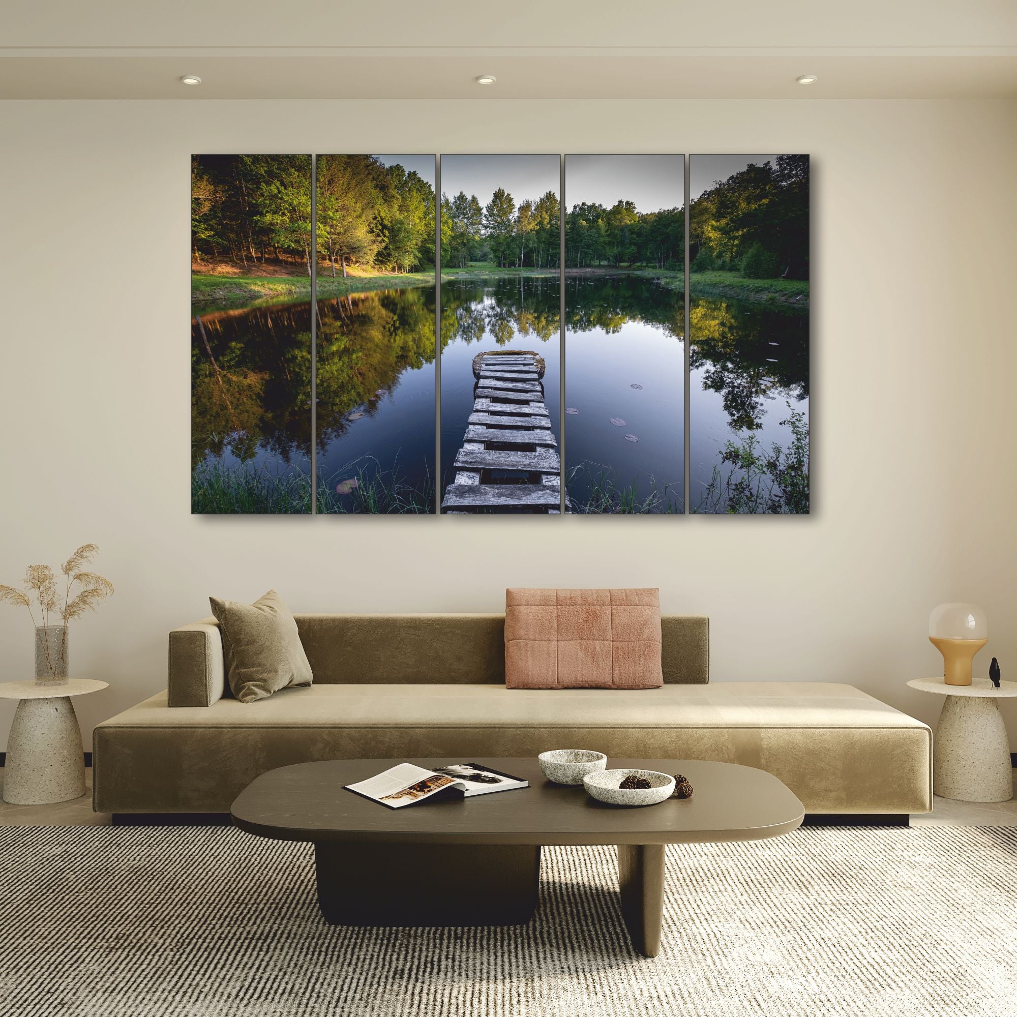 Beautiful Autumn colors lake boardwalk Set of 5 Big Size Multiple Frames Wall Art Painting for living room,Bedroom,Drawing room,Hotels-Wooden Framed-Digital Painting