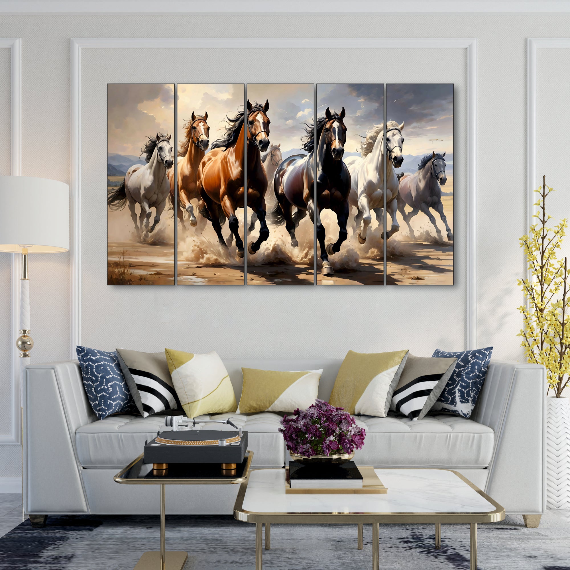 7 running horses Set of 5 Big Size Multiple Frames Wall Art Painting for living room,Bedroom,Drawing room,Hotels-Wooden Framed-Digital Painting