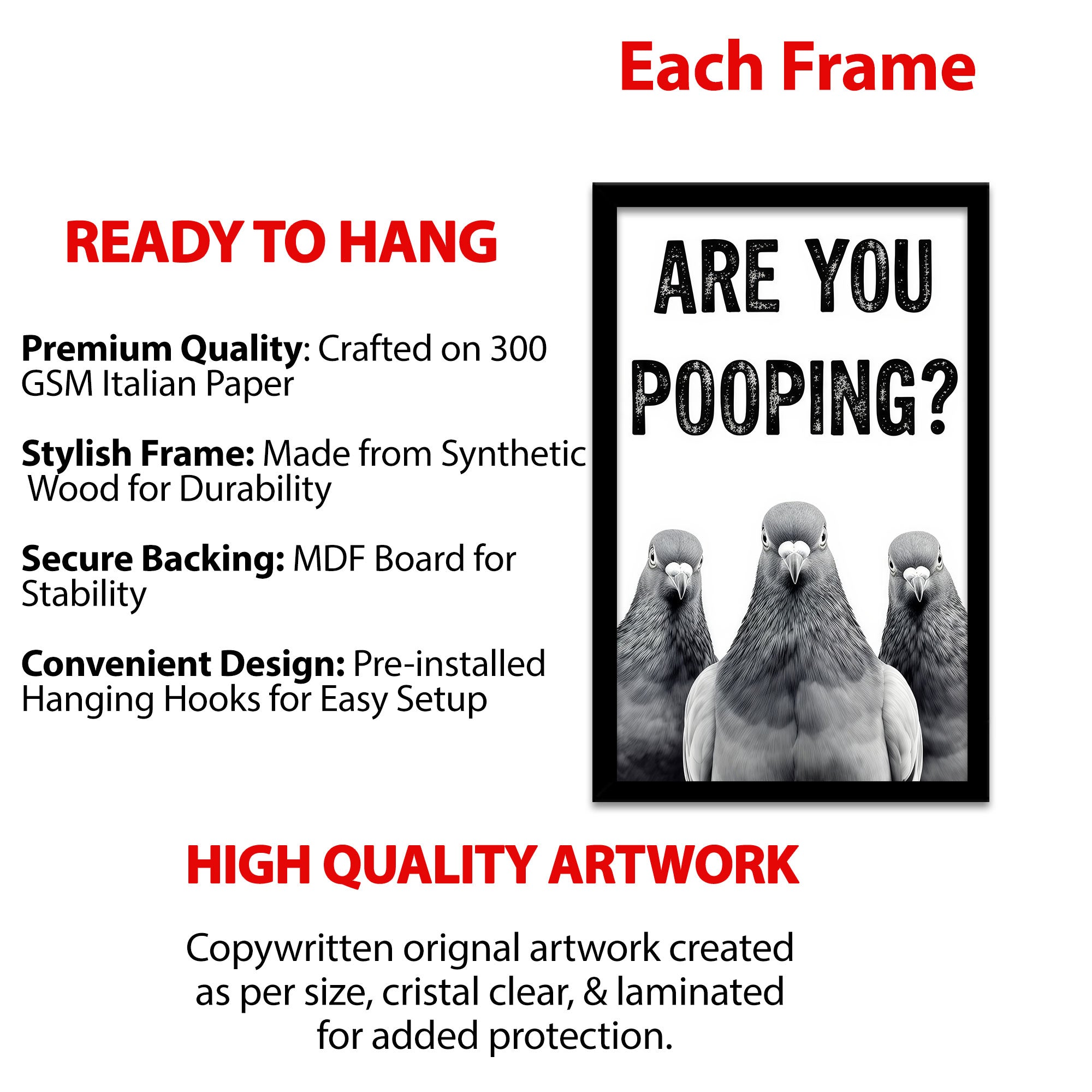 The Castle Decor Funny Are You Pooping Pigeons Framed Wall Art – Humorous Animal Text Poster, Black and White Bird Picture, Quirky Restroom & Guest Bathroom Decor