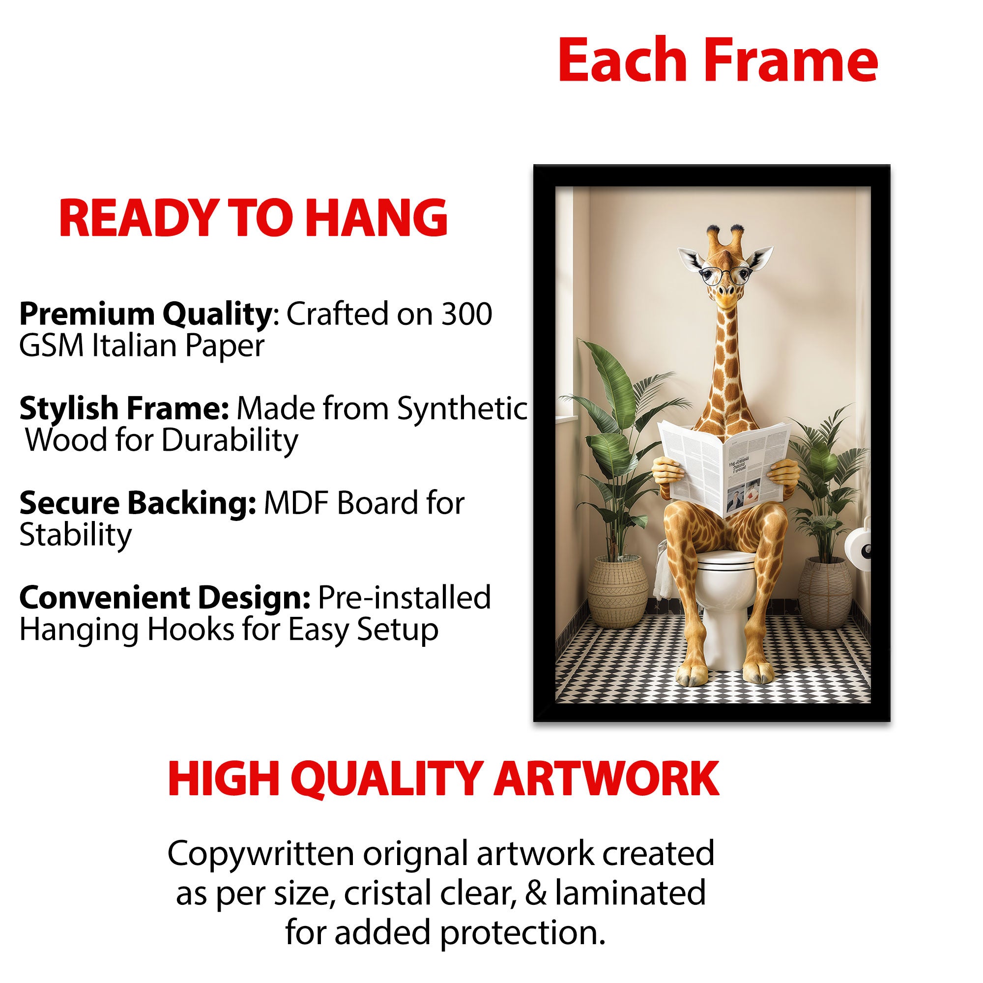 The Castle Decor Funny Giraffe Reading Newspaper on Toilet Framed Wall Art – Whimsical Animal sitting on Commode Framed Poster, Cute Restroom & Powder Room Wall Decor