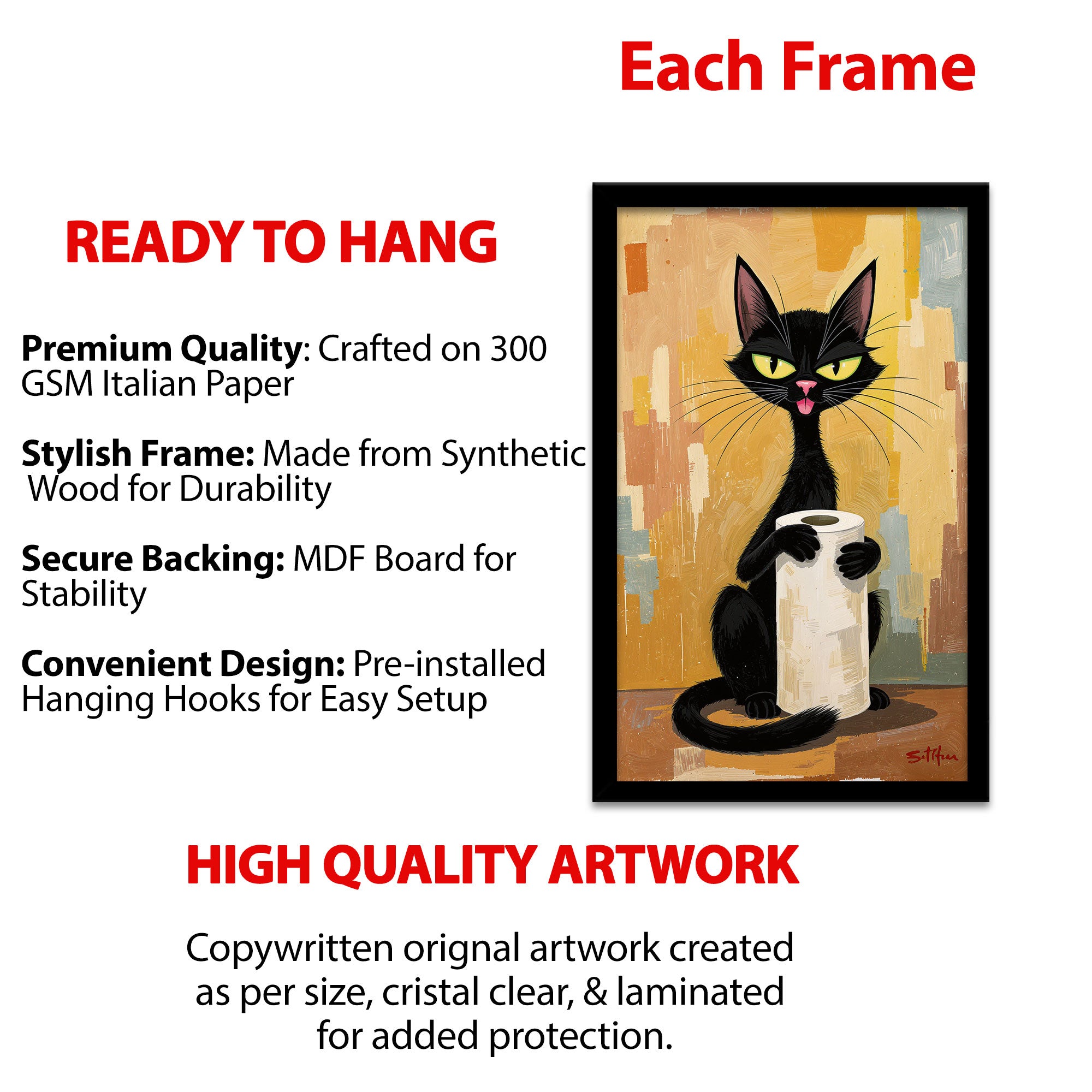 The Castle Decor Funny Black Cat Holding Toilet Paper Framed Wall Art – Mid Century Modern Retro Animal Poster, Humorous Abstract Bathroom Wall Decor for Restroom