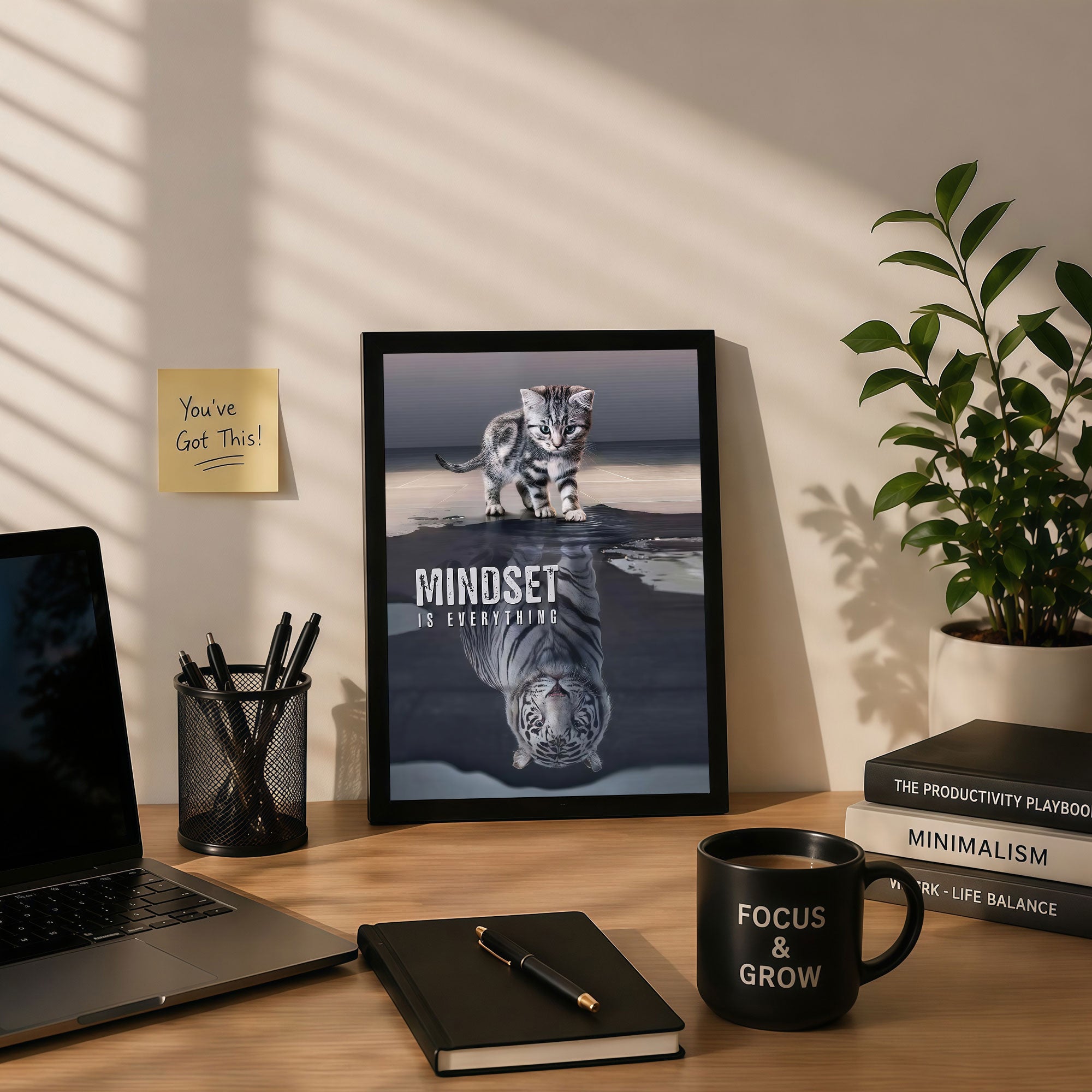 The Castle Decor Mindset Is Everything Wall Art Frame | Inspirational Tiger Reflection Motivational Decor for Home & Office