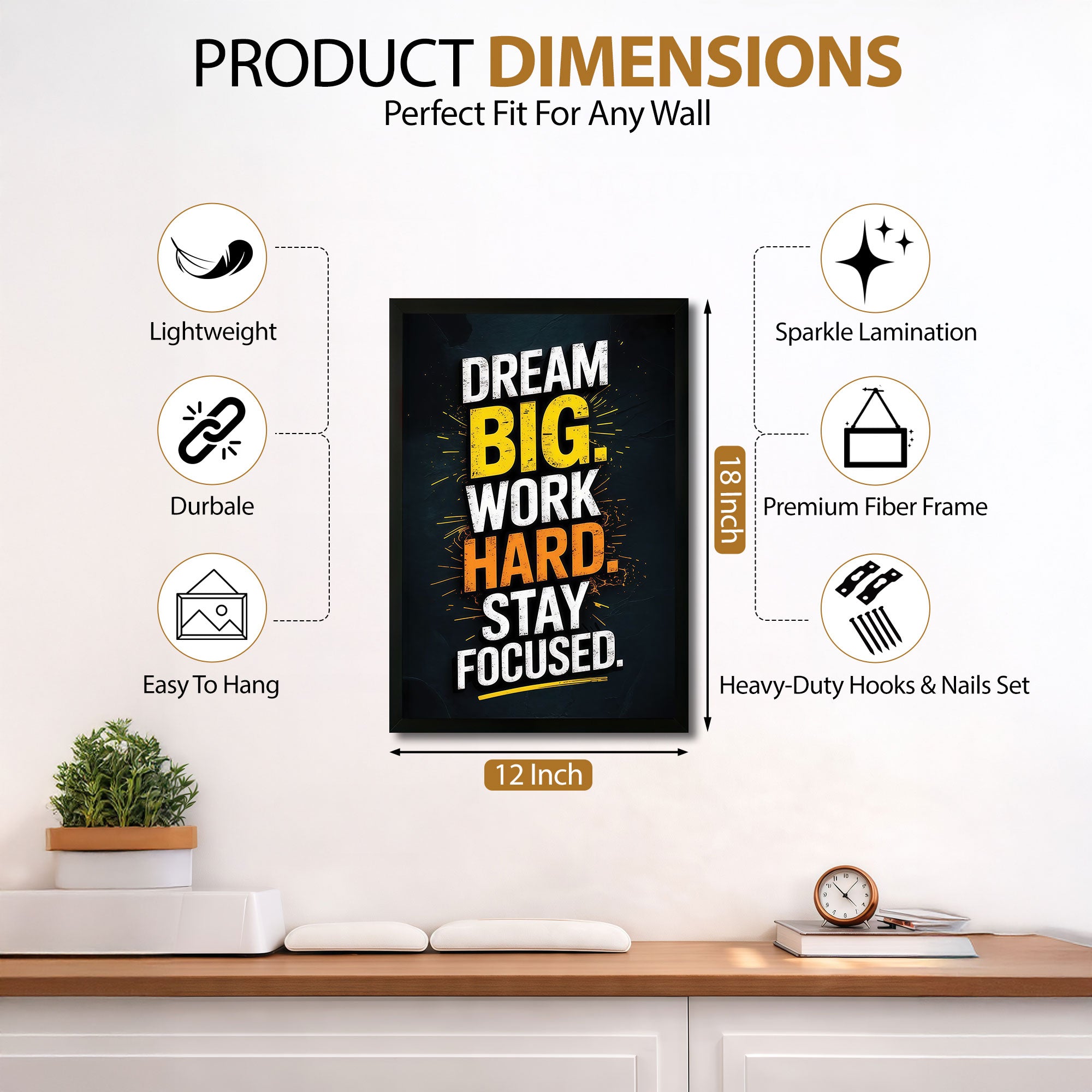 The Castle Decor Dream Big Work Hard Stay Focused Wall Art Frame | Motivational Quote Poster for Office, Study & Home Decor