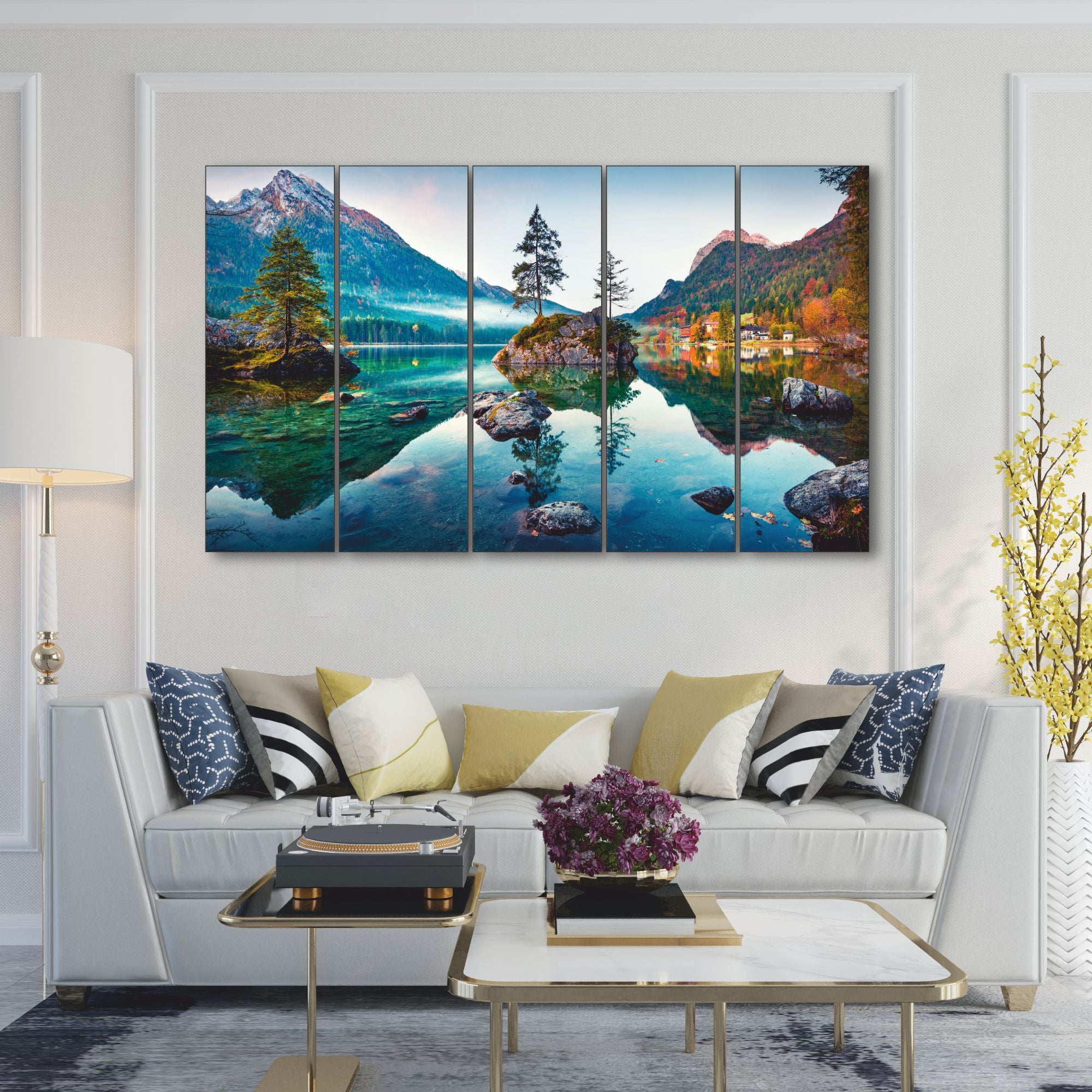 Beautiful Autumn scene of Hintersee Set of 5 Big Size Multiple Frames Wall Art Painting for living room,Bedroom,Drawing room,Hotels-Wooden Framed-Digital Painting