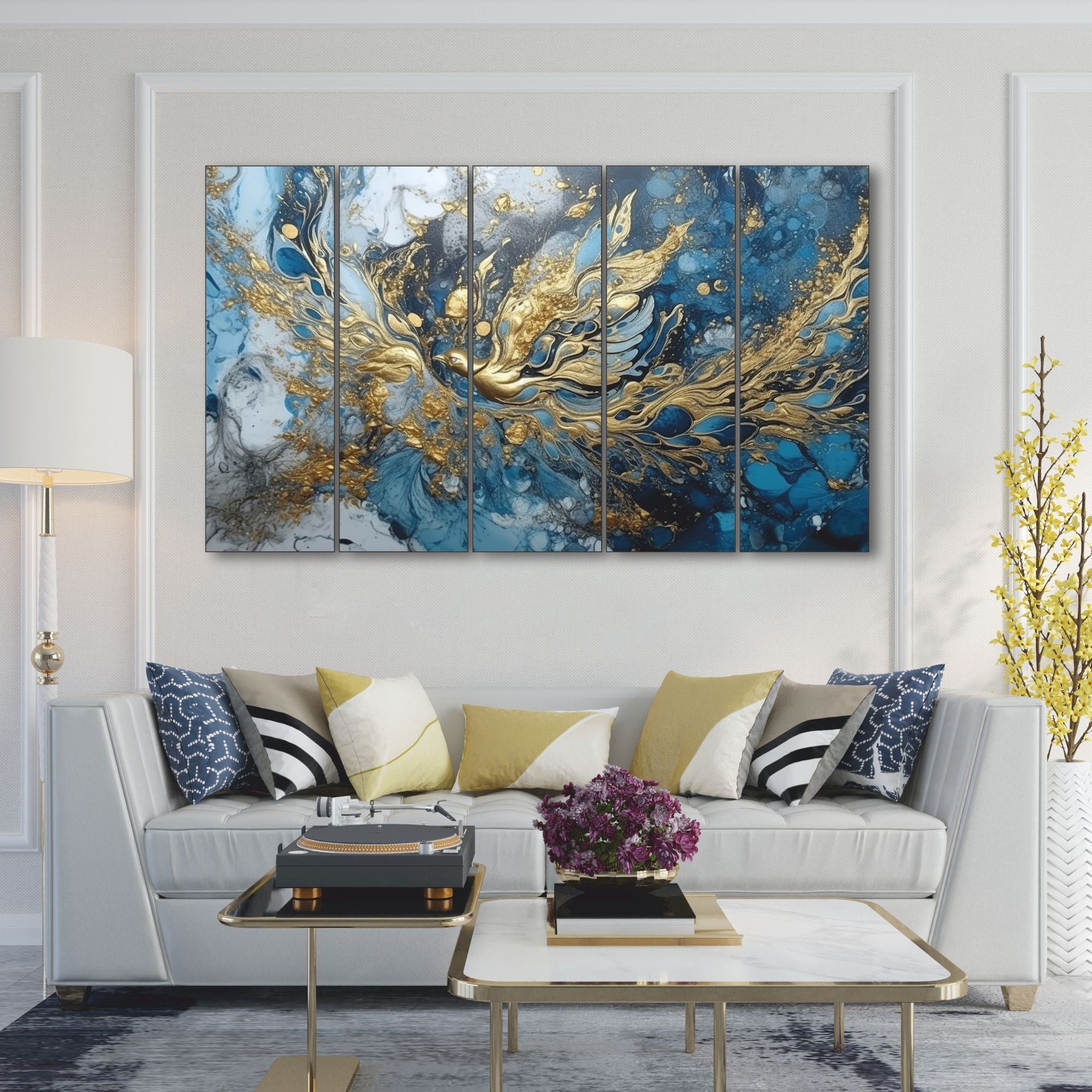 Abstract golden blue Set of 5 Big Size Multiple Frames Wall Art Painting for living room,Bedroom,Drawing room,Hotels-Wooden Framed-Digital Painting