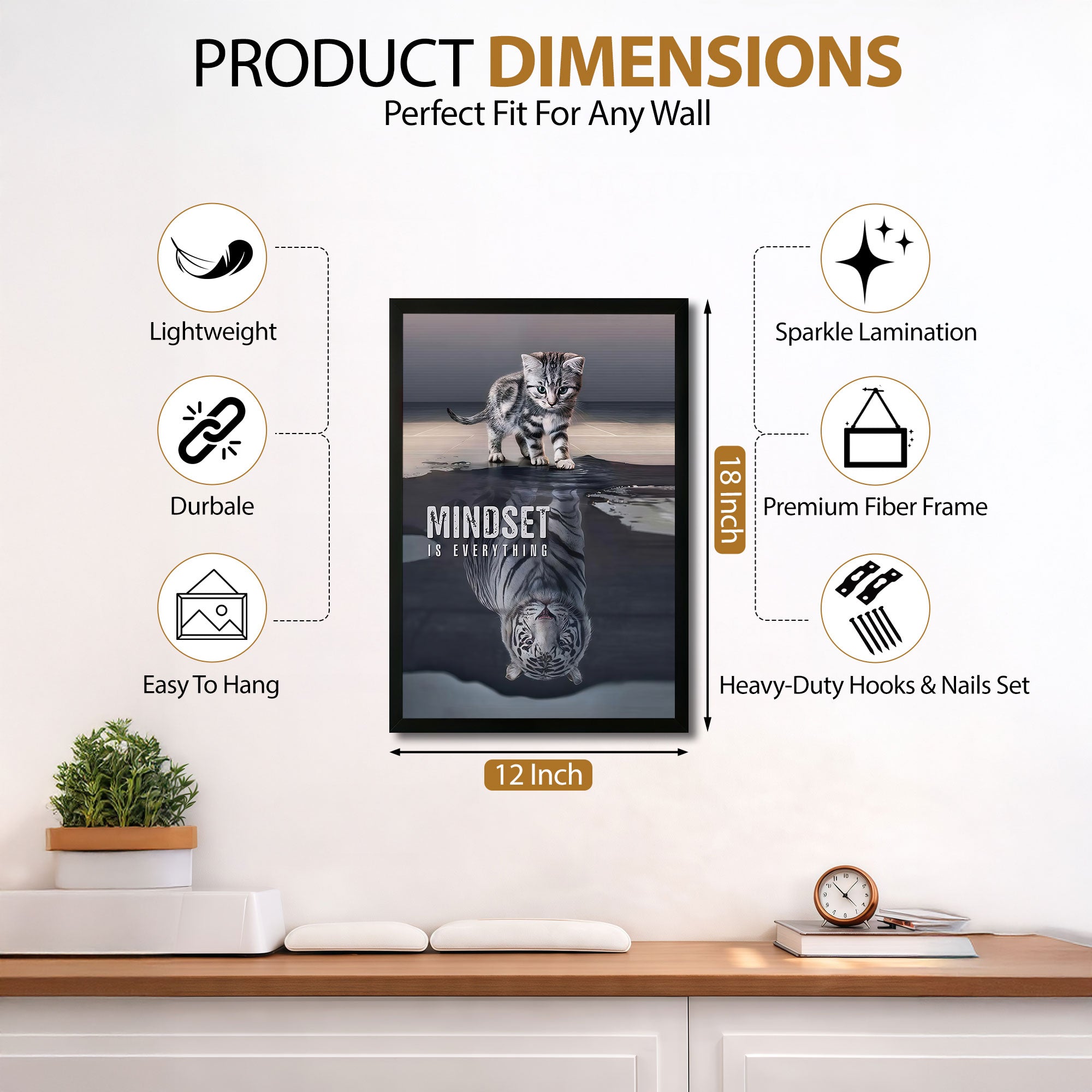 The Castle Decor Mindset Is Everything Wall Art Frame | Inspirational Tiger Reflection Motivational Decor for Home & Office