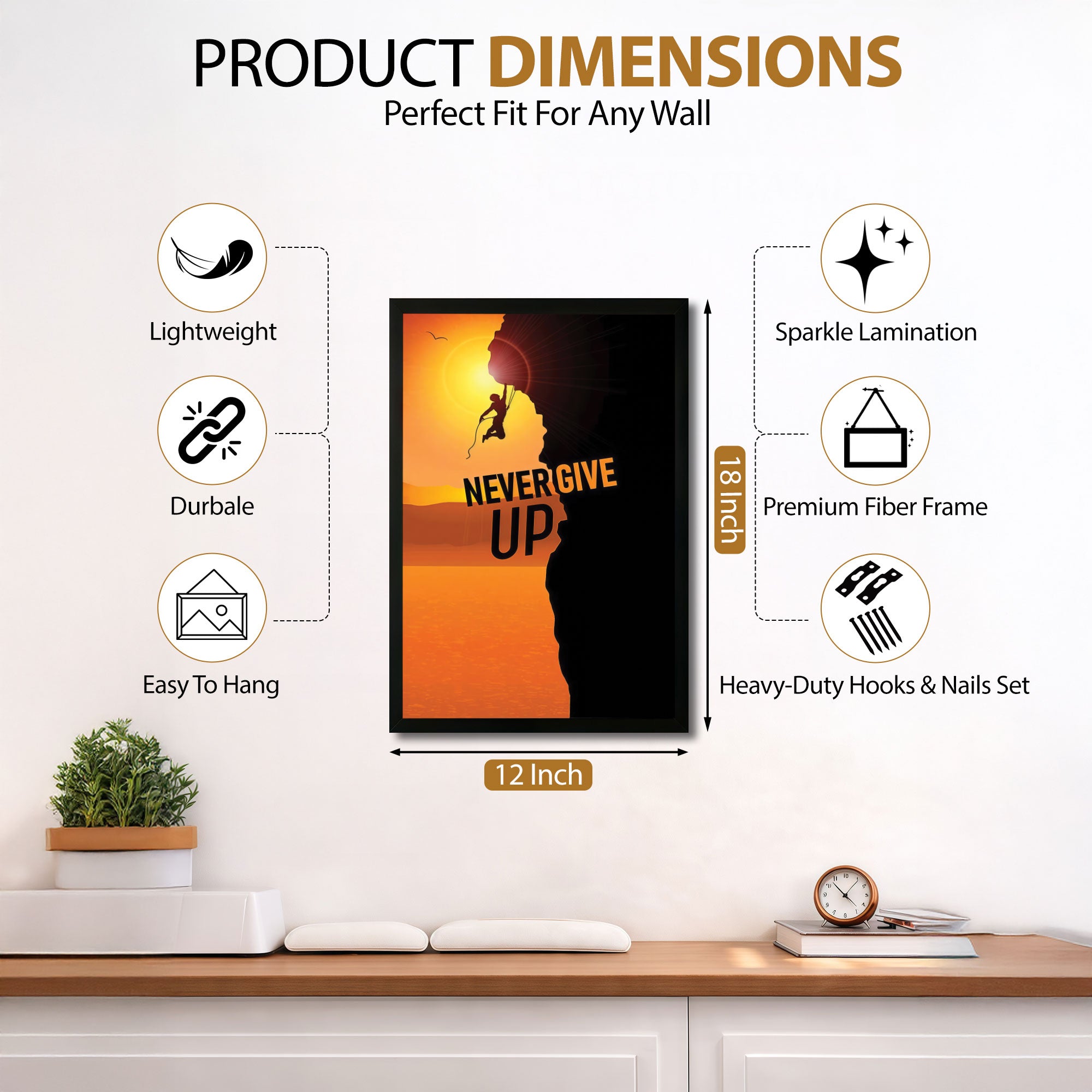 The Castle Decor Never Give Up Wall Art Frame | Inspirational Quote Poster with Climbing Silhouette for Home, Office & Gym Decor
