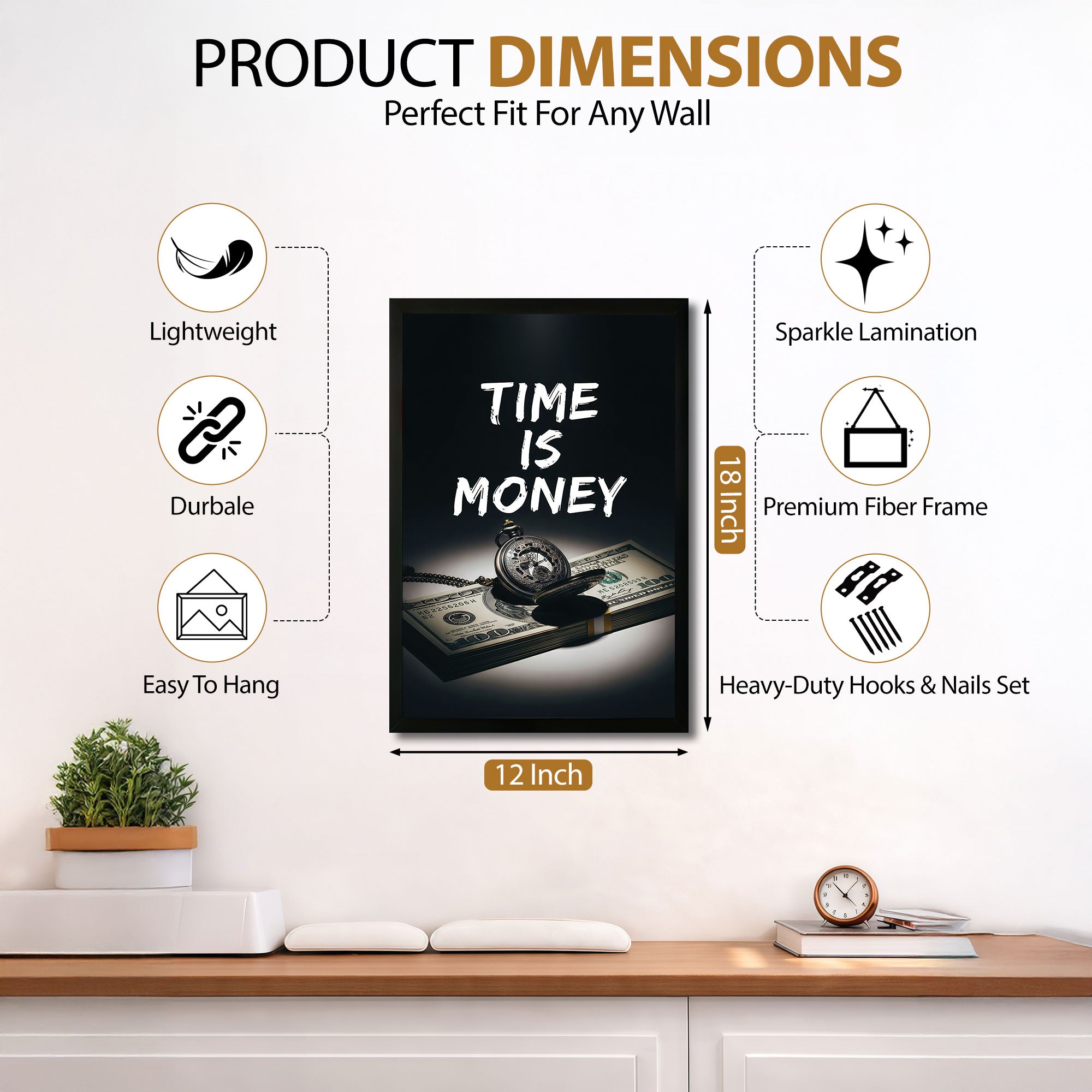 The Castle Decor Time is Money Motivational Wall Art Frame | Success Quote Poster for Office, Business, Trading Room | Premium HD Print with Sparkle Finish