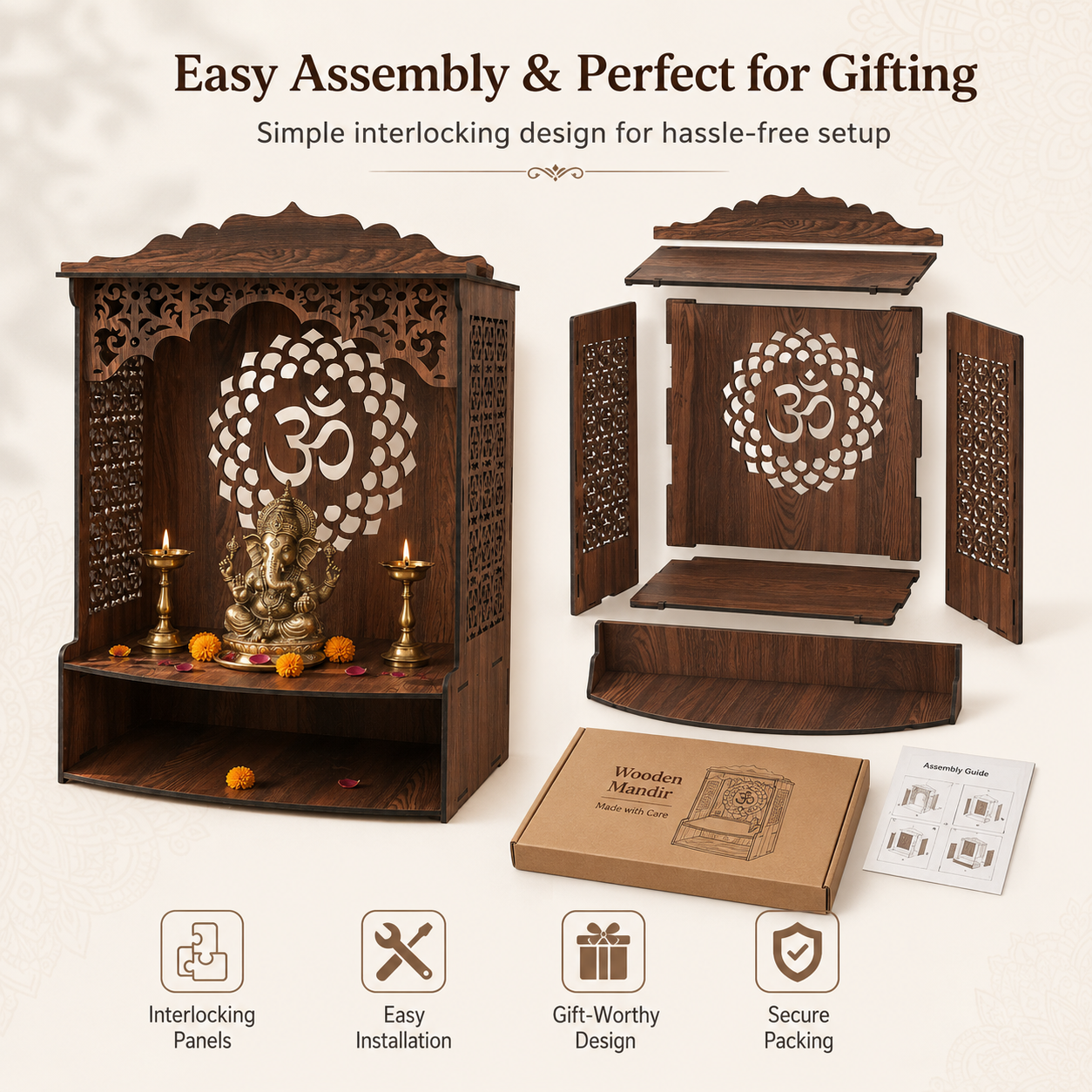 The Castle Decor Wooden Mandir for Home, Wall Hanging & Tabletop Pooja Temple with Om Cutwork Back Panel, Open Storage Shelf, Mandir for Pooja Room, Office, Hostel & Apartment, 16.5 x 24.5 x 10.5 Inch