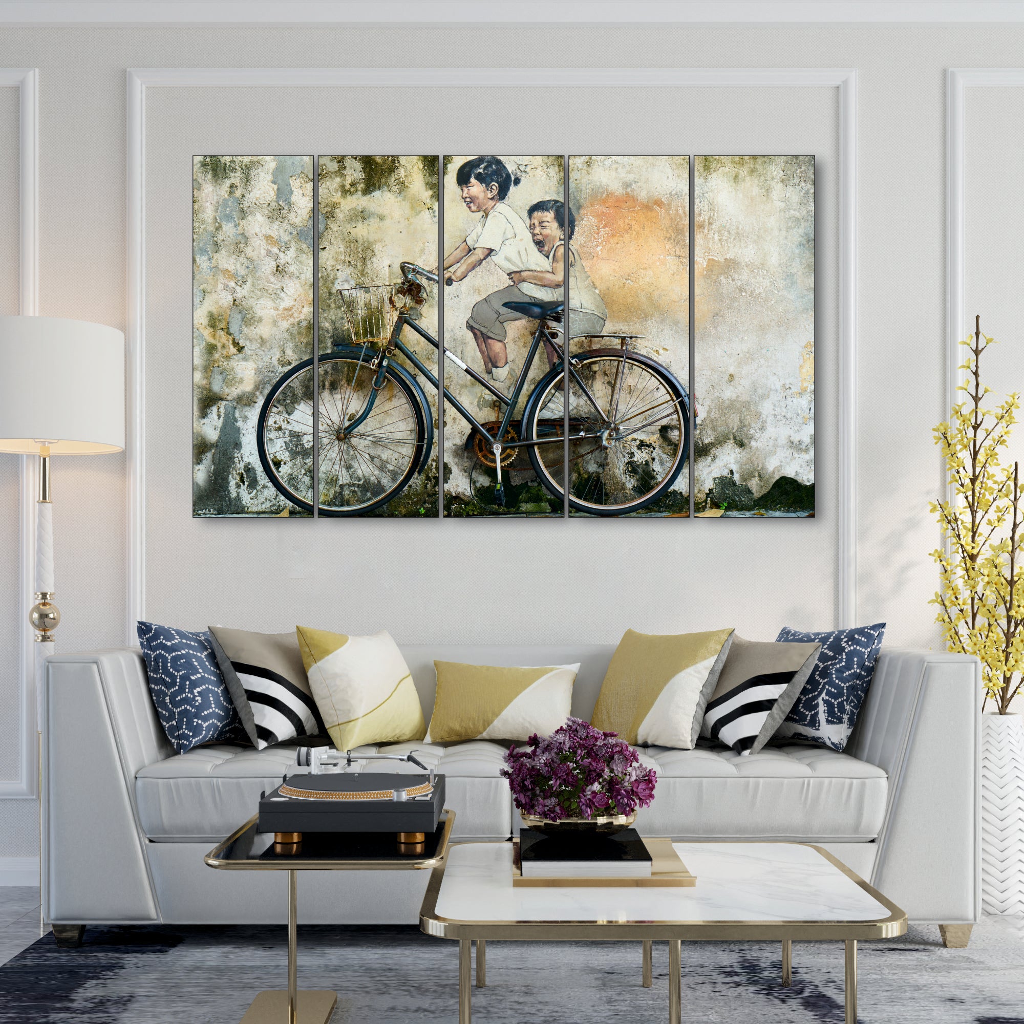 Beautiful Modern art riding bicycle Set of 5 Big Size Multiple Frames Wall Art Painting for living room,Bedroom,Drawing room,Hotels-Wooden Framed-Digital Painting