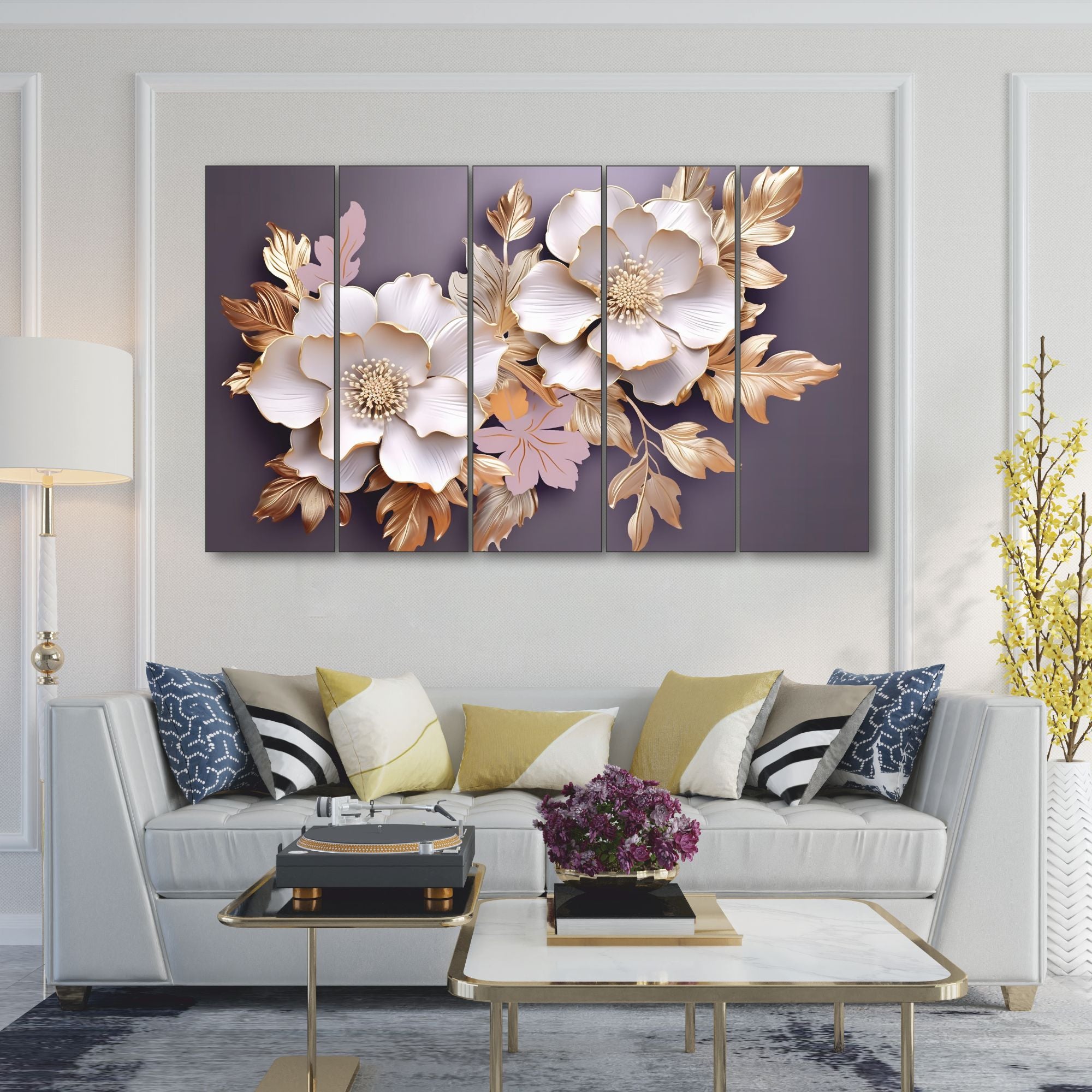 Floral Set of 5 Big Size Multiple Frames Wall Art Painting for living room,Bedroom,Drawing room,Hotels-Wooden Framed-Digital Painting