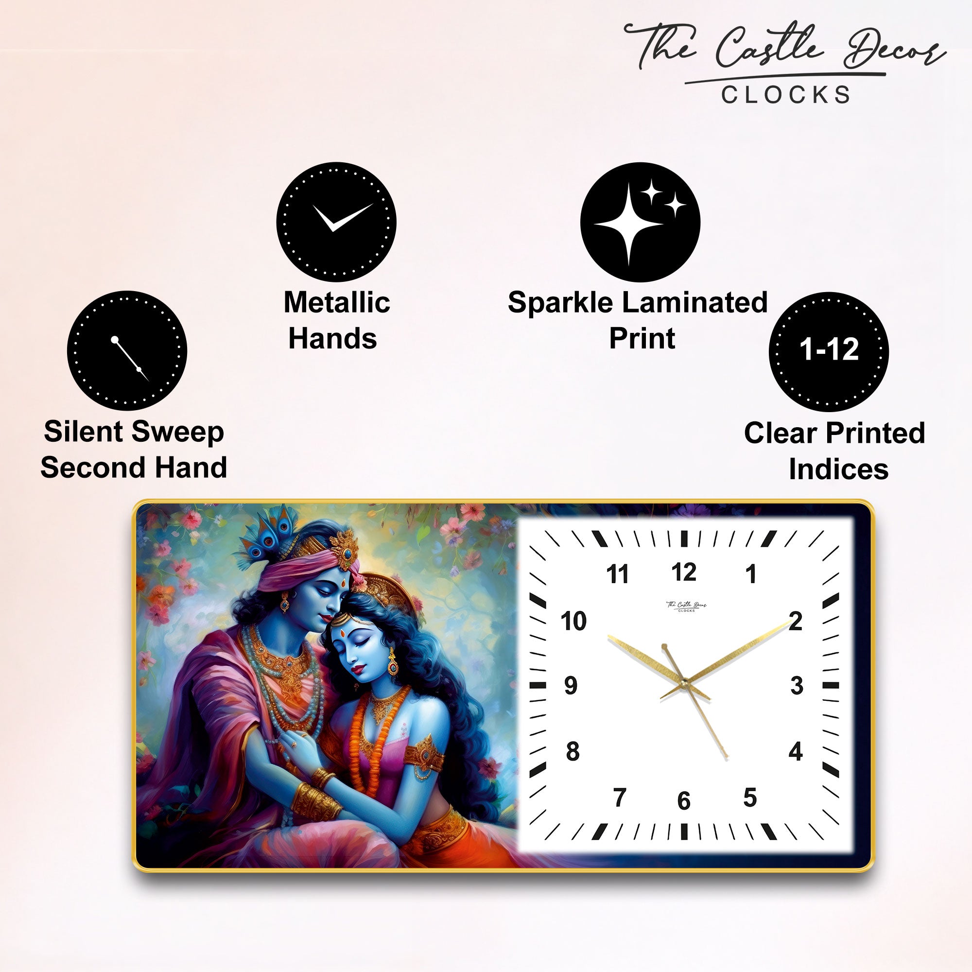 The Castle Decor Radha Krishna Decorative Wall Clock 24x12 Inch, Silent Sweep Non-Ticking Modern Wall Clock with Golden Slim Frame