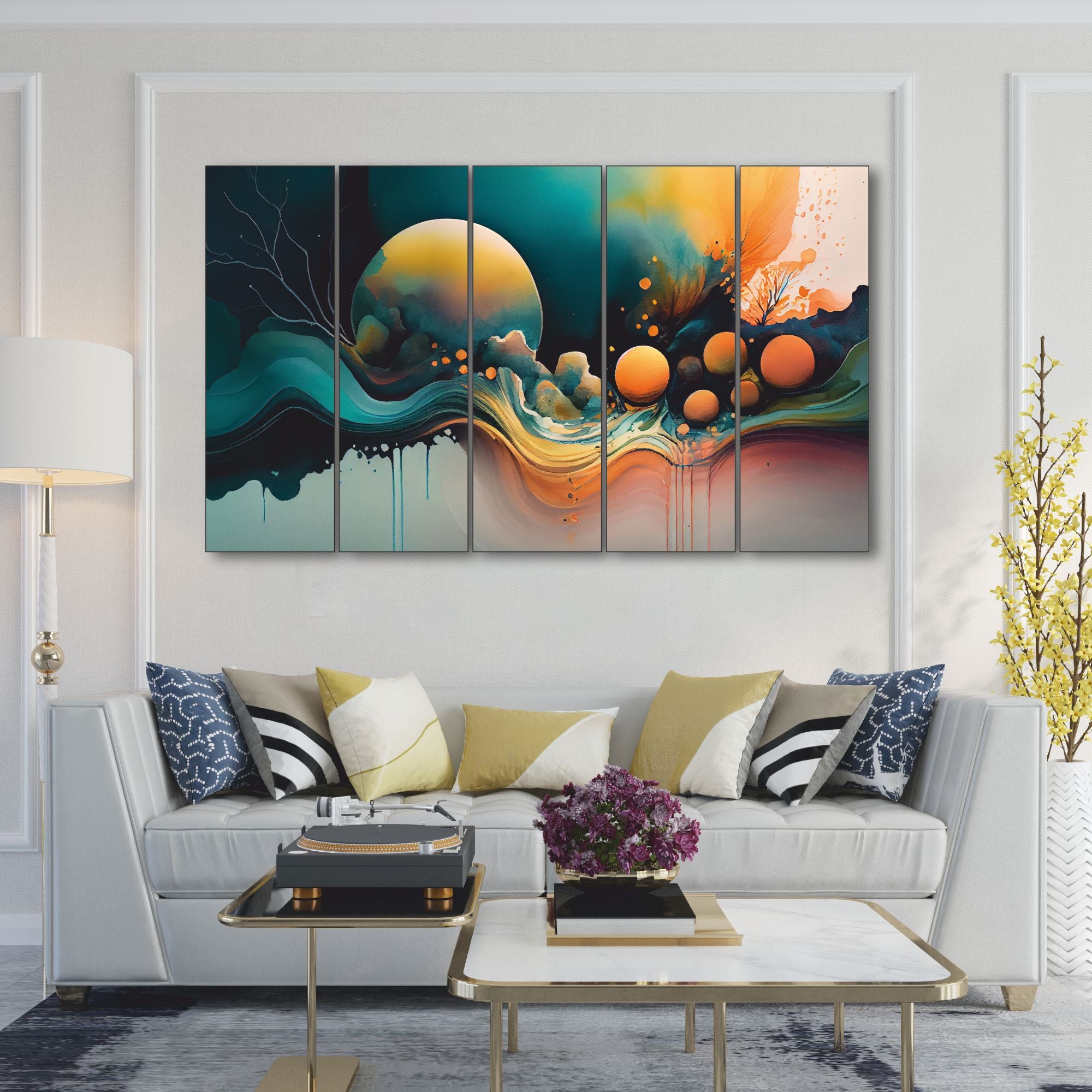 Beautiful Multicolour Abstarct Art Set of 5 Big Size Multiple Frames Wall Art Painting for living room,Bedroom,Drawing room,Hotels-Wooden Framed-Digital Painting