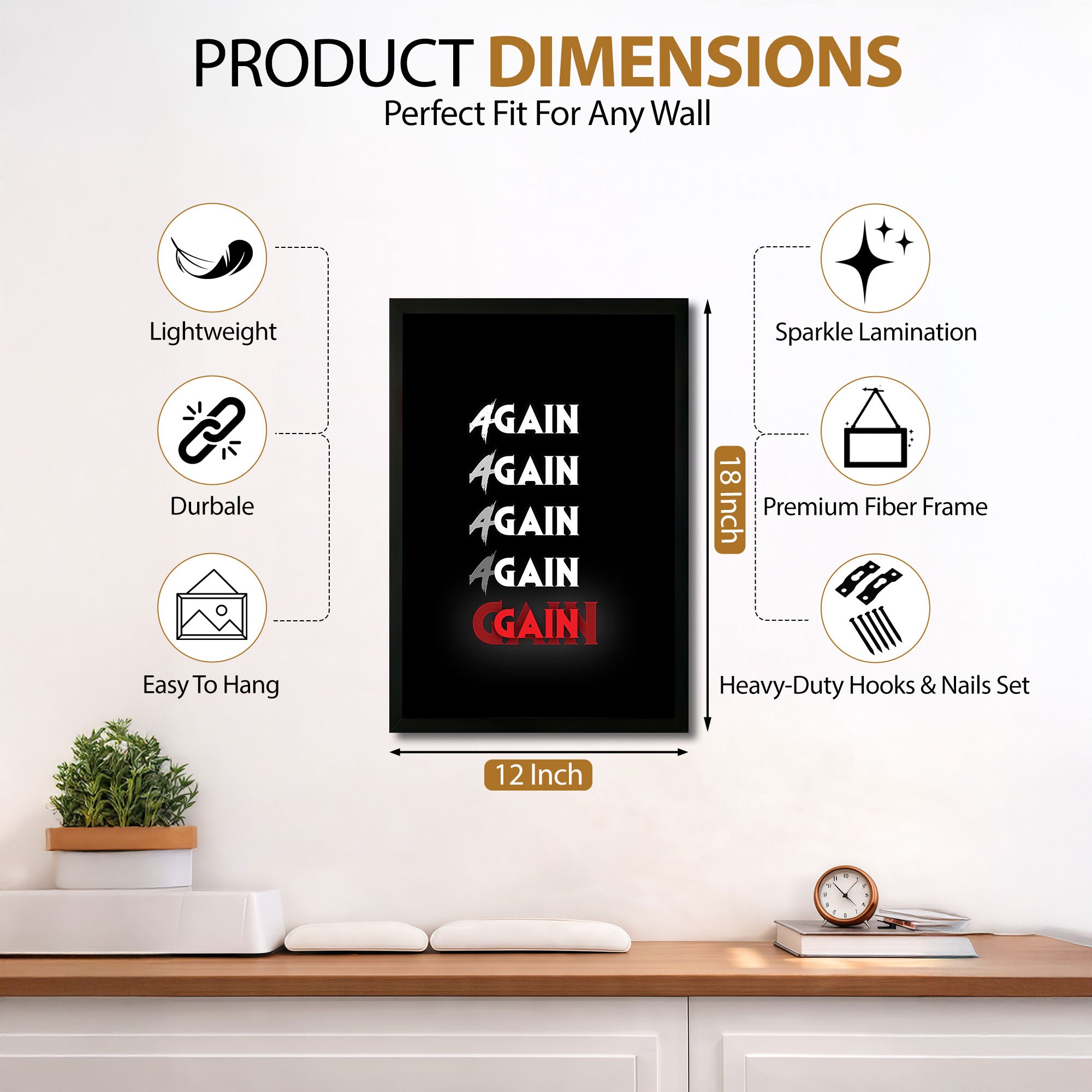 The Castle Decor Again Again Again Gain Motivational Wall Art Frame | Hard Work Success Quote Poster for Office, Gym | Bold Typography HD Print