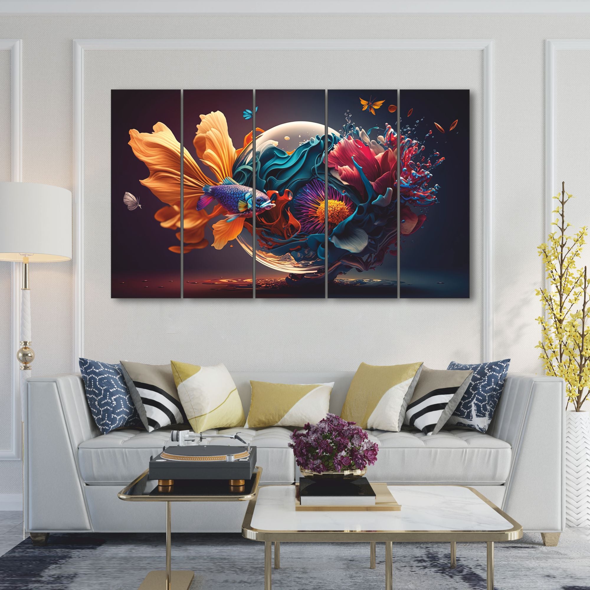 Aqua fish world Set of 5 Big Size Multiple Frames Wall Art Painting for living room,Bedroom,Drawing room,Hotels-Wooden Framed-Digital Painting