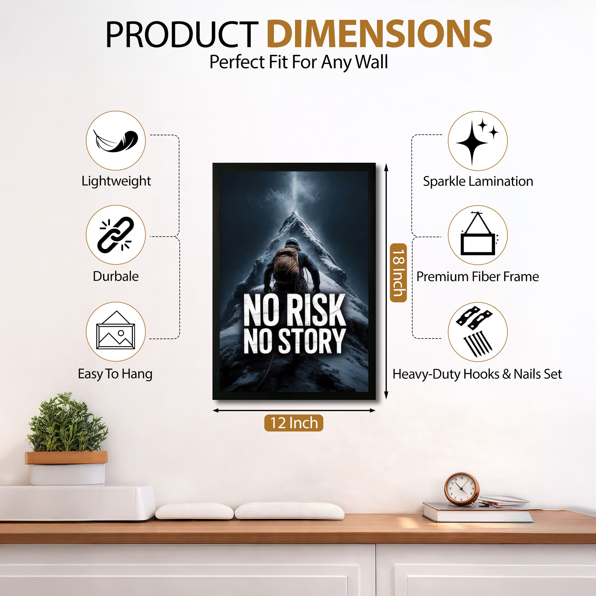The Castle Decor No Risk No Story Motivational Wall Art Frame | Inspirational Quote Climbing Poster for Office, Gym & Study Room Decor