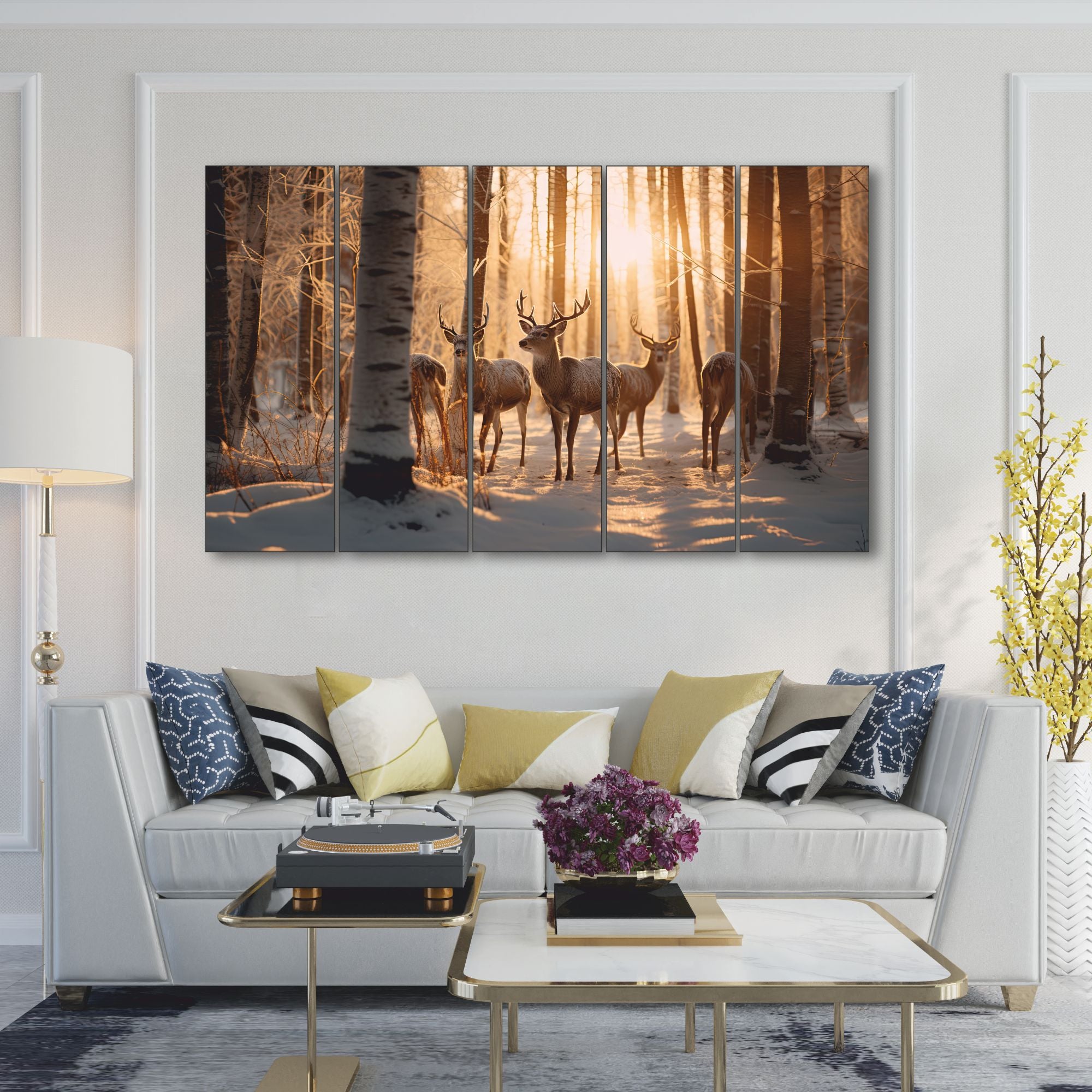 5 Reindeer Autumn Jungle Sunrise Set of 5 Big Size Multiple Frames Wall Art Painting for living room,Bedroom,Drawing room,Hotels-Wooden Framed-Digital Painting