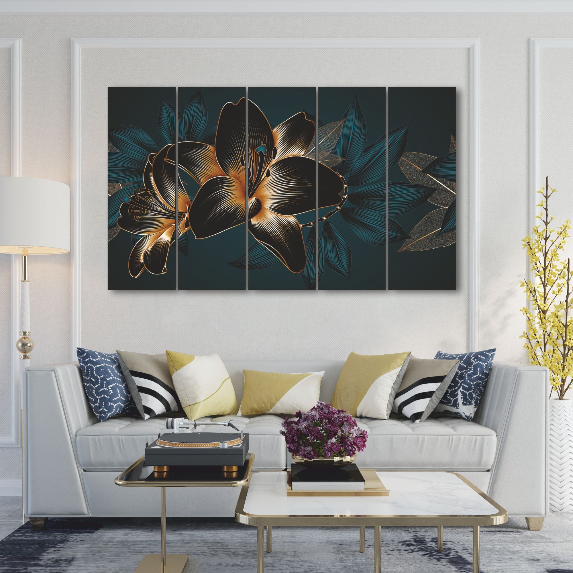 Black leaf flower Set of 5 Big Size Multiple Frames Wall Art Painting for living room,Bedroom,Drawing room,Hotels-Wooden Framed-Digital Painting