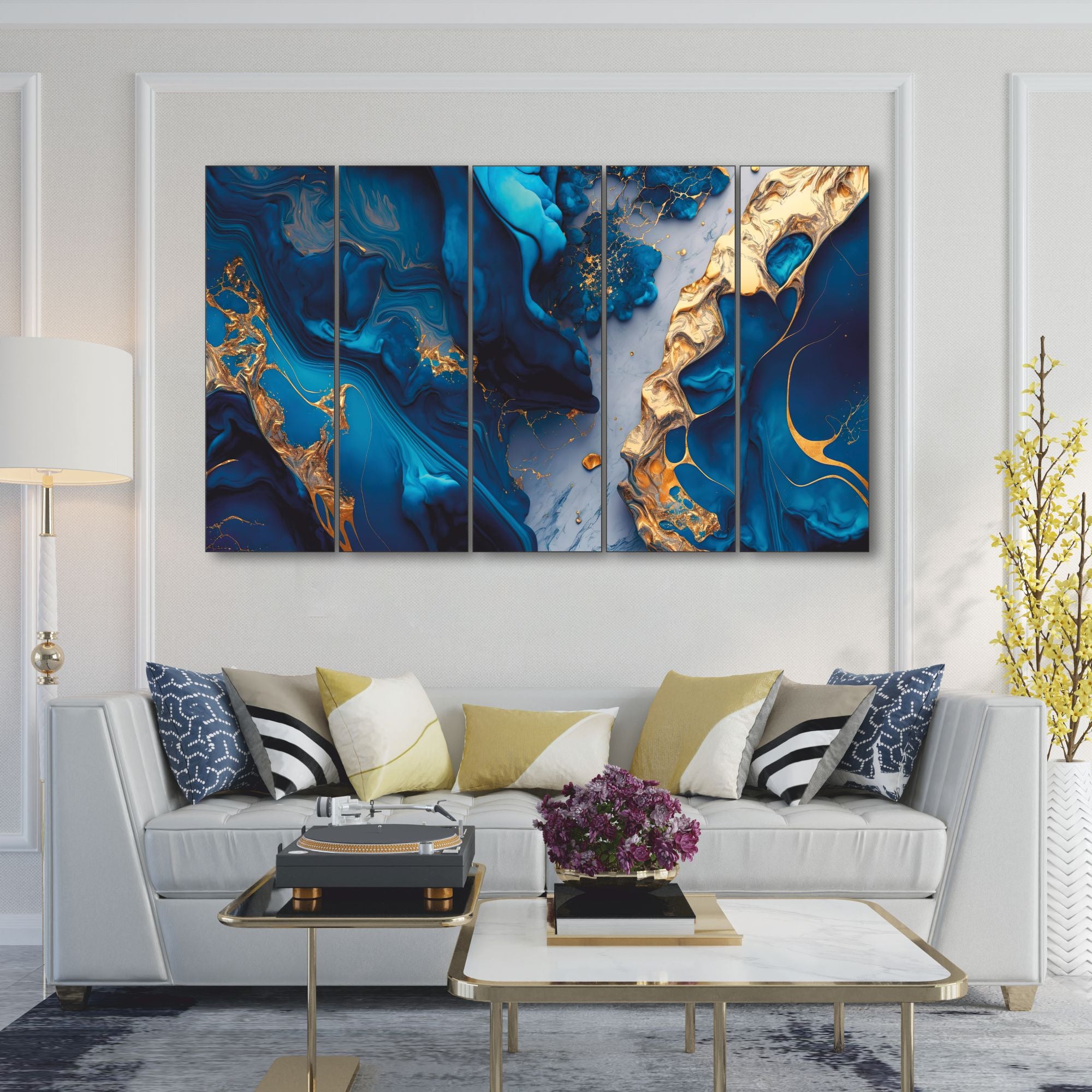 Blue Gold sparkle Set of 5 Big Size Multiple Frames Wall Art Painting for living room,Bedroom,Drawing room,Hotels-Wooden Framed-Digital Painting