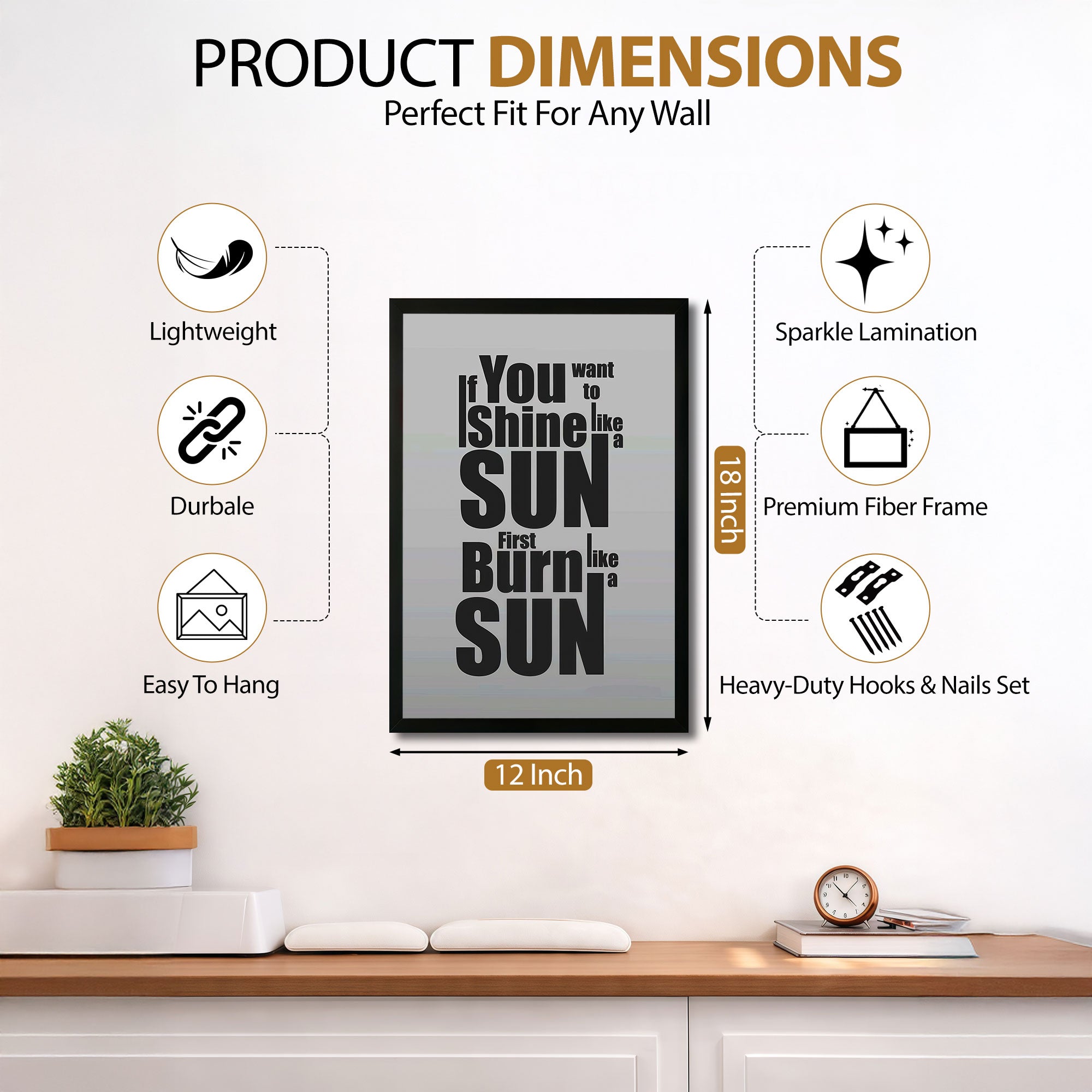 The Castle Decor If You Want To Shine Like A Sun First Burn Like A Sun Wall Art Frame | Inspirational Success Quote Decor