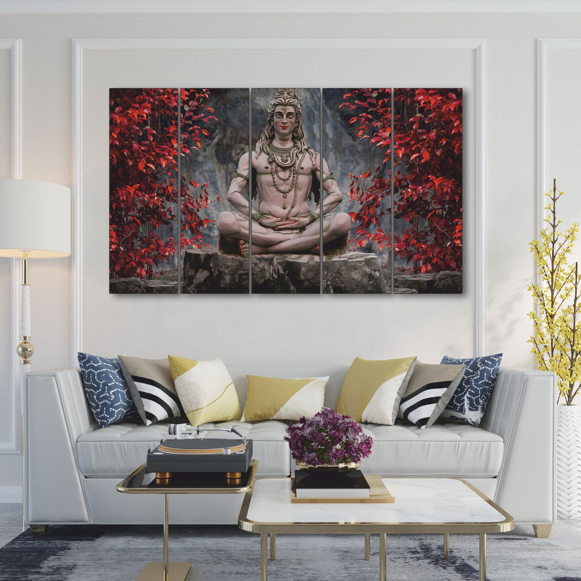 Colour Lord Shiva Meditating Set of 5 Big Size Multiple Frames Wall Art Painting for living room,Bedroom,Drawing room,Hotels-Wooden Framed-Digital Painting