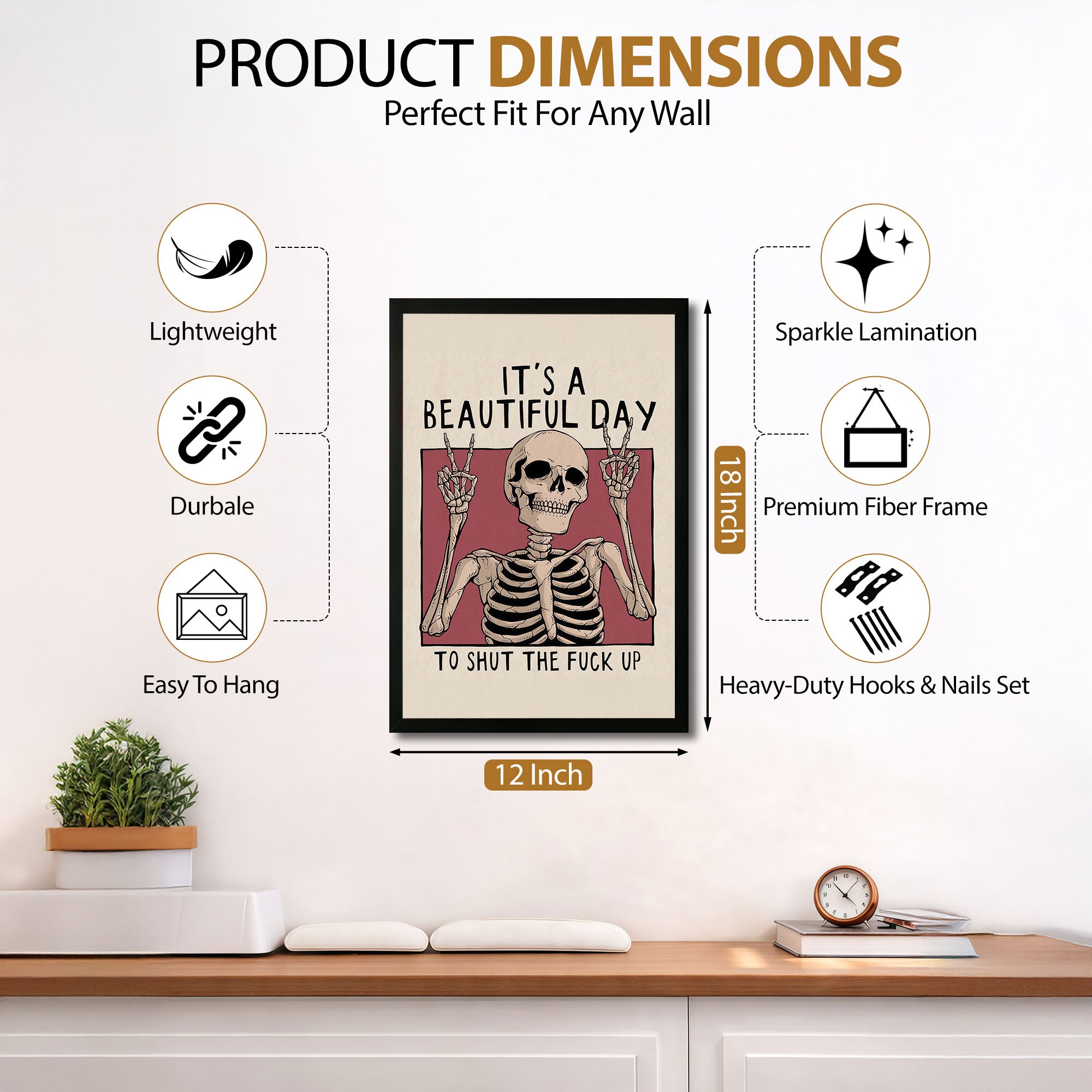 The Castle Decor It’s A Beautiful Day Funny Skull Wall Art Frame | Bold Sarcastic Quote Decor for Room, Office & Gaming Setup