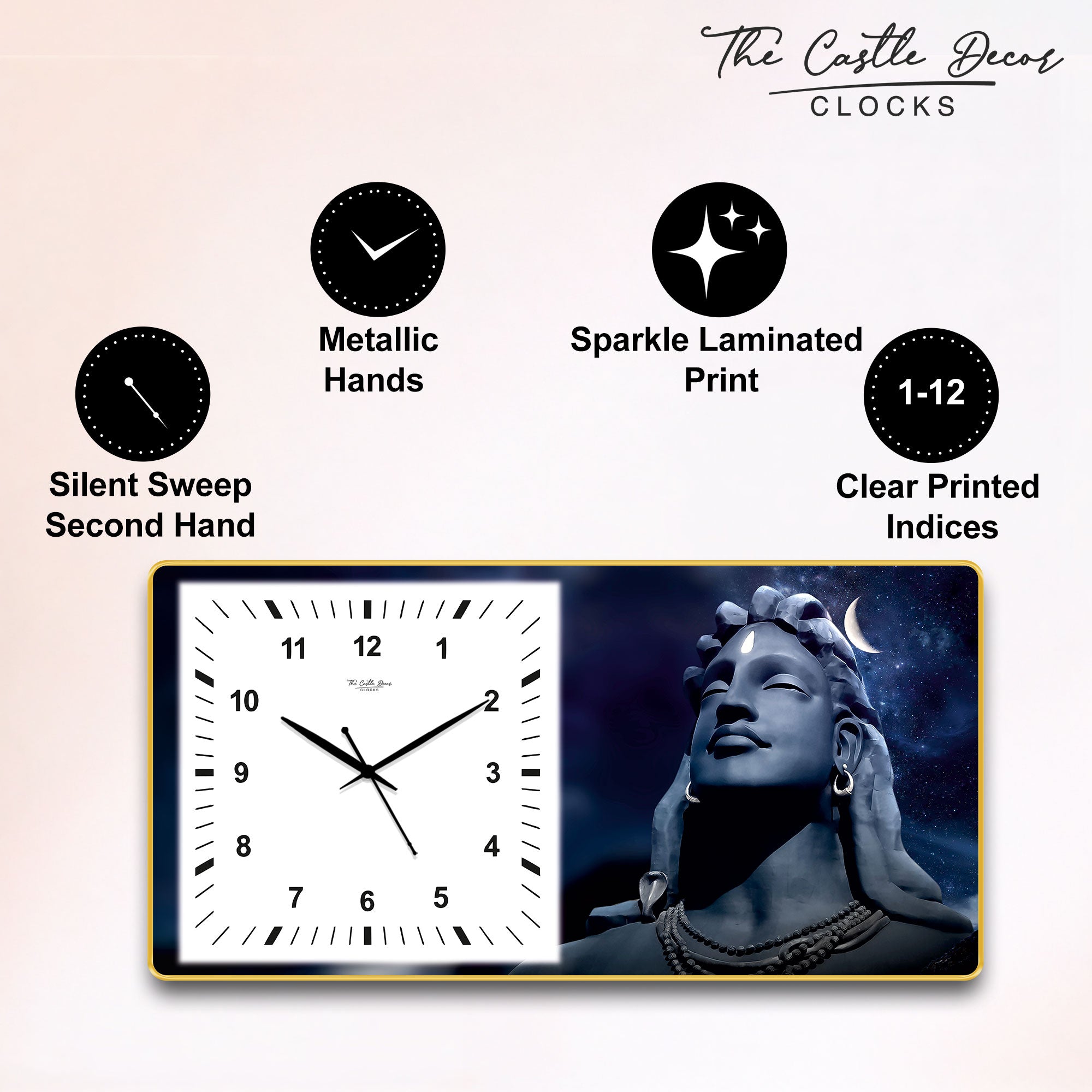 The Castle Decor Adiyogi Shiva Decorative Wall Clock 24x12 Inch, Silent Sweep Non-Ticking Modern Wall Clock with Golden Slim Frame