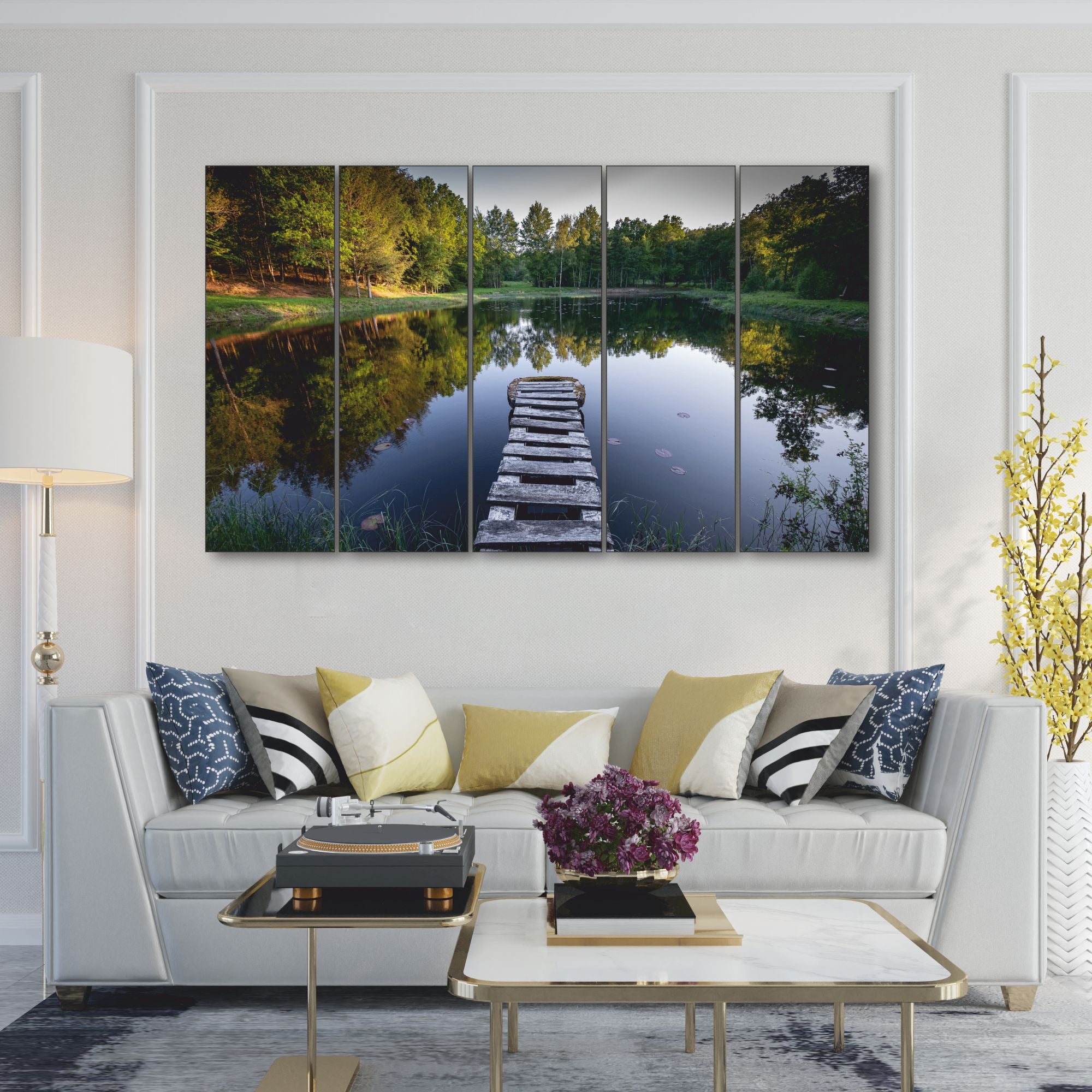 Beautiful Autumn colors lake boardwalk Set of 5 Big Size Multiple Frames Wall Art Painting for living room,Bedroom,Drawing room,Hotels-Wooden Framed-Digital Painting