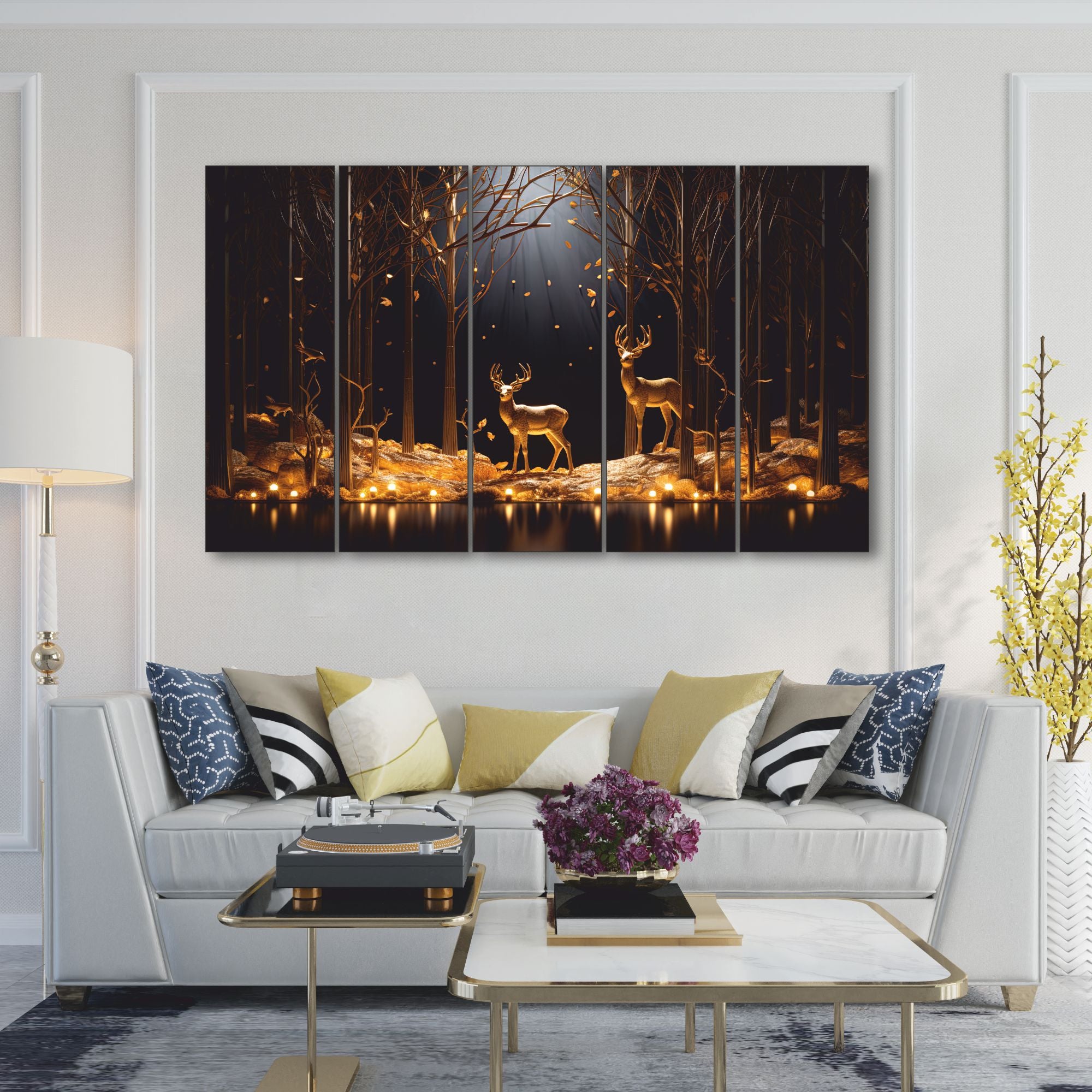 Black golden deer Set of 5 Big Size Multiple Frames Wall Art Painting for living room,Bedroom,Drawing room,Hotels-Wooden Framed-Digital Painting