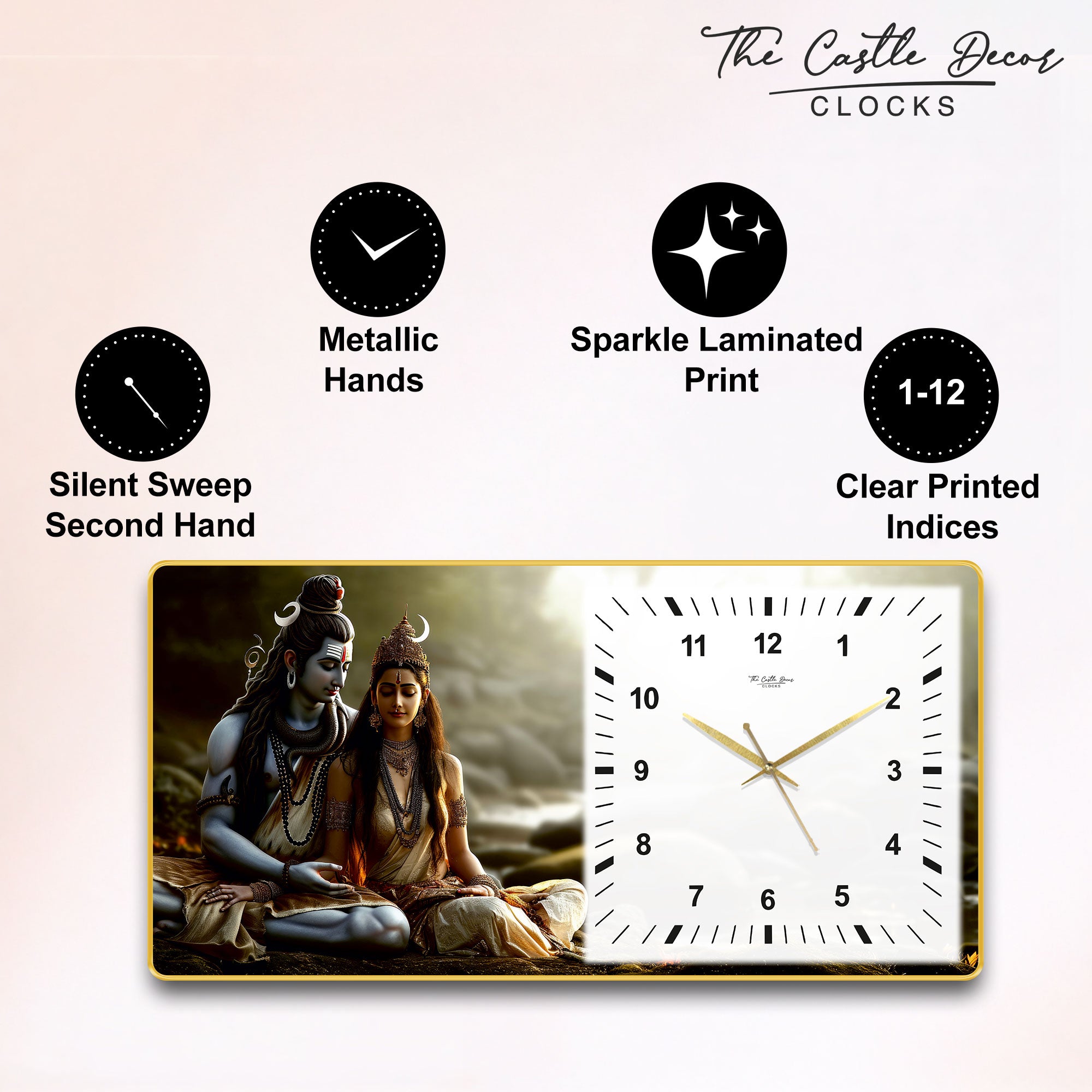 The Castle Decor Shiv Parvati Decorative Wall Clock 24x12 Inch, Silent Sweep Non-Ticking Modern Wall Clock with Golden Slim Frame