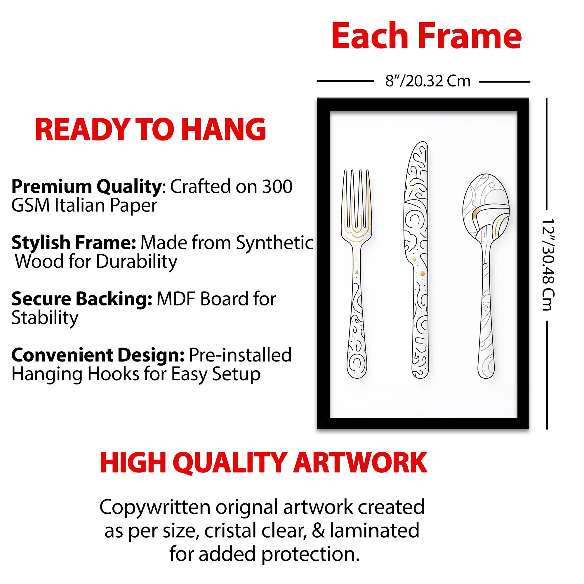 The Castle Decor Minimal Kitchen Wall Art Set of 3 Frame | Wine, Heart & Cutlery Line Art Decor | Sparkle Lamination Finish with Premium Fiber Frame for Dining