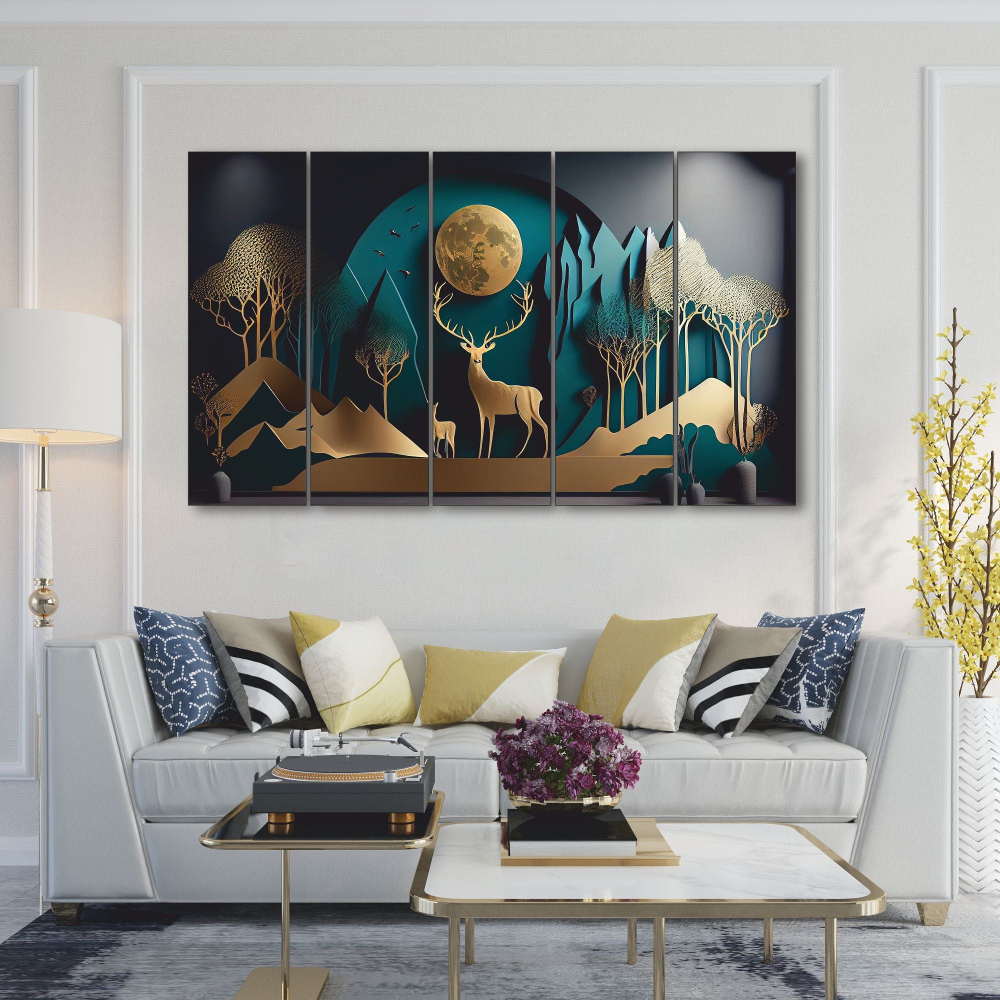 Golden deer nature Set of 5 Big Size Multiple Frames Wall Art Painting for living room,Bedroom,Drawing room,Hotels-Wooden Framed-Digital Painting