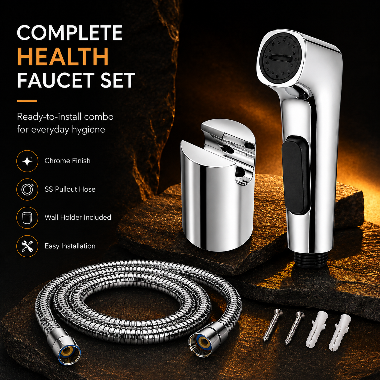 The Castle Decor Health Faucet Set with SS Hose for Toilet & Bathroom, Handheld Bidet Sprayer, Chrome Finish, Press Trigger, Wall Holder & G1/2 Connection