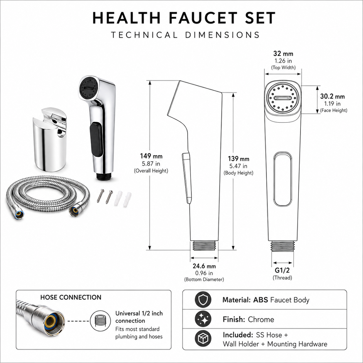 The Castle Decor Health Faucet Set with SS Hose for Toilet & Bathroom, Handheld Bidet Sprayer, Chrome Finish, Press Trigger, Wall Holder & G1/2 Connection