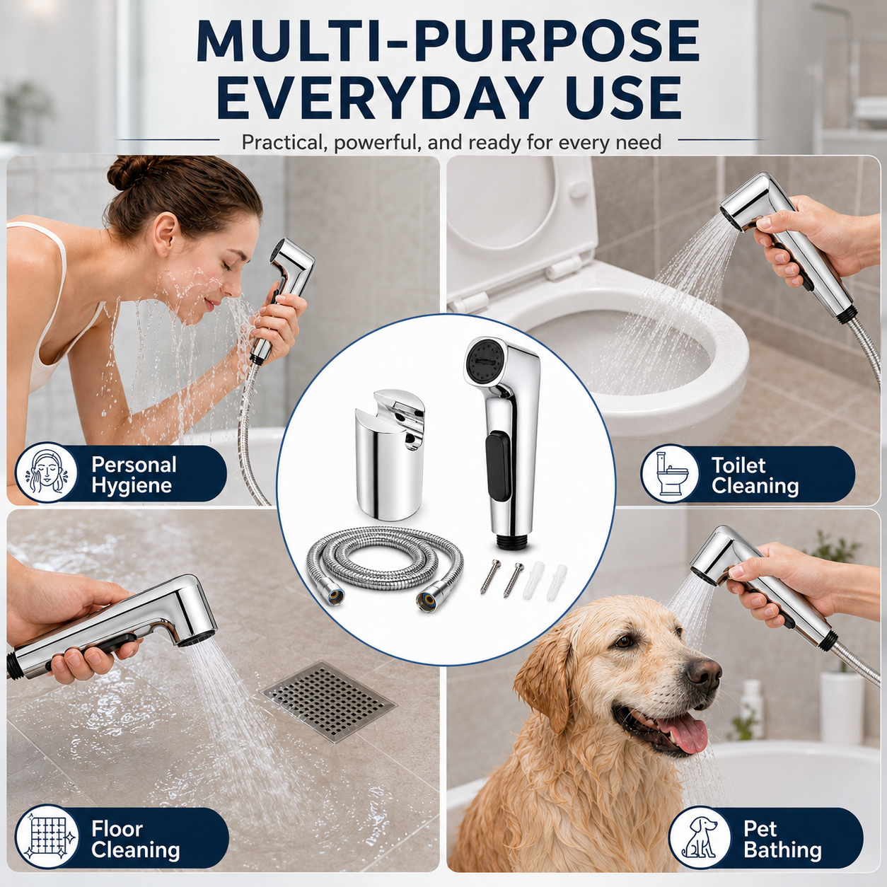 The Castle Decor Health Faucet Set with SS Hose for Toilet & Bathroom, Handheld Bidet Sprayer, Chrome Finish, Press Trigger, Wall Holder & G1/2 Connection