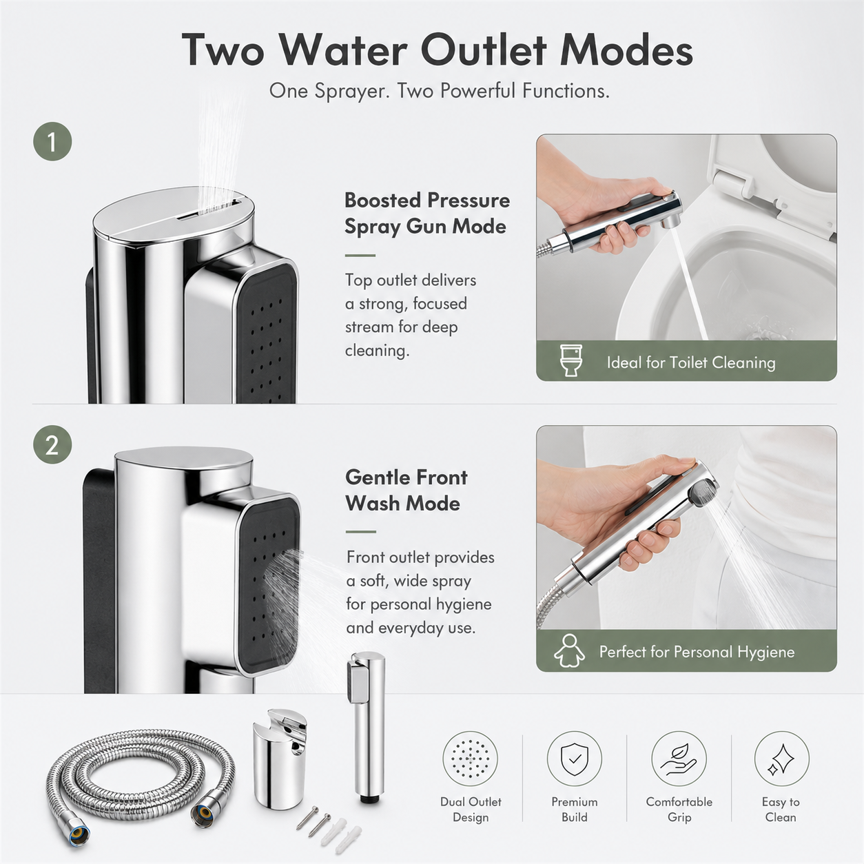 The Castle Decor 2-in-1 Health Faucet Set with Dual Outlet Spray, Stainless Steel Hose, Chrome Finish, Wall Holder & 1/2 Inch Connection for Toilet & Bathroom